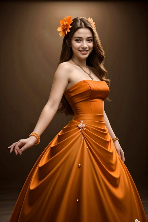 ((Masterpiece, best quality, cinematic lighting, 8k, full body shot, long hair)), (smile:0.85), (realistic background)
<lora:X1_Gown_By_Stable_Yogi:1> orange strapless dress, bracelets, hair ornaments, hair flower, necklace