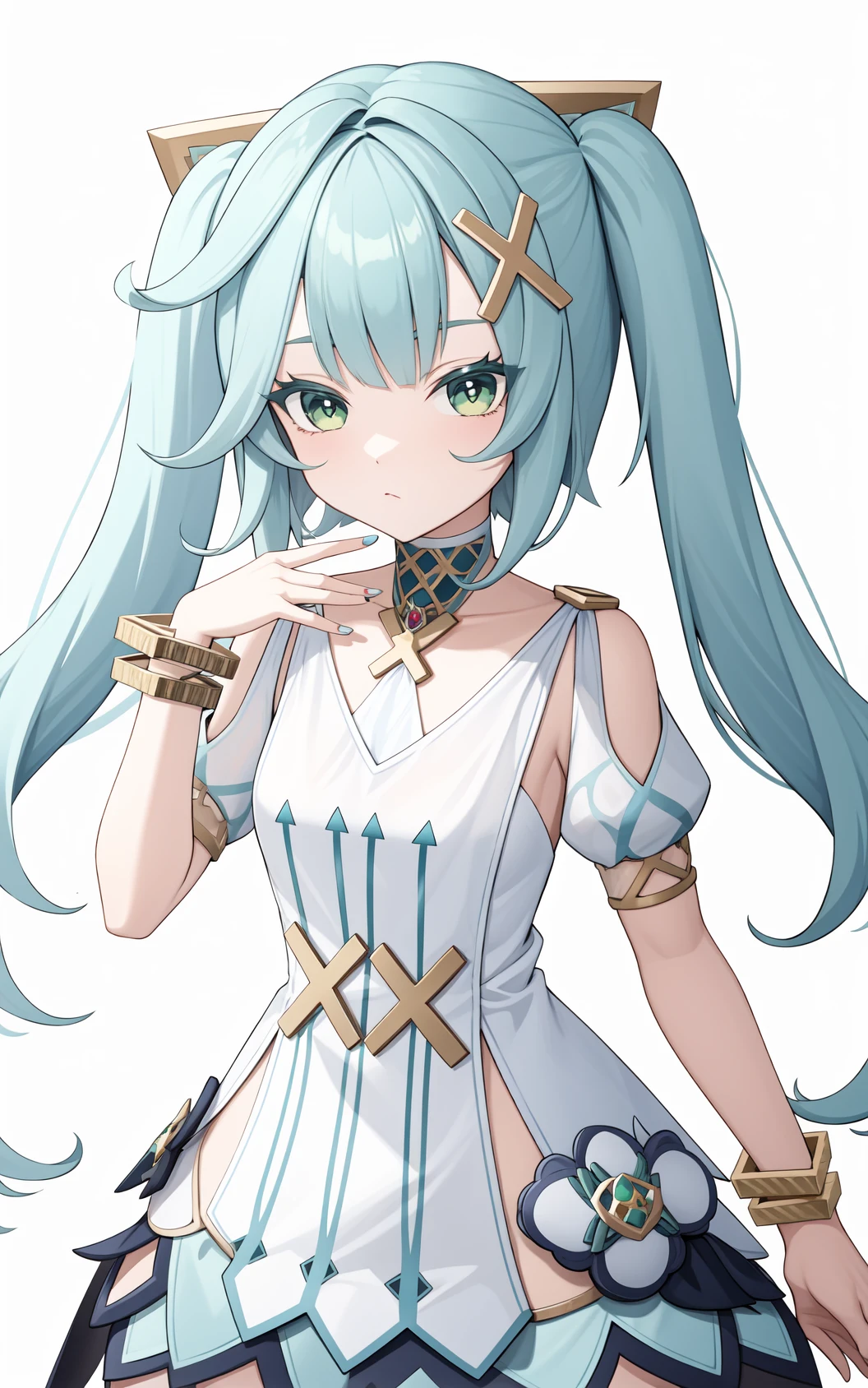 <lora:çé²çlocon:0.8:lbw=char>,falushan,twintails,long hair,hair ornament,x hair ornament,aqua hair,bangs,dress,green eyes,jewelry,white dress,bracelet,short sleeves,symbol-shaped pupils,, 1girl,
,  (masterpiece,best quality:1.2),absurdres