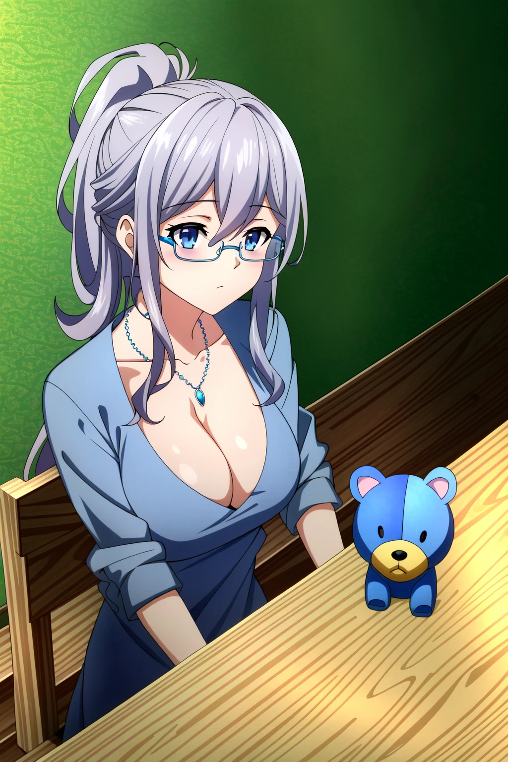 (extremely detailed CG unity 4k wallpaper),(masterpiece),(best quality),(ultra-detailed),(best illustration),(best shadow),(absurdres),(detailed background) <lora:OGT_Reine_Murasame-v1:0.8> Reine Murasame, 1girl, solo, glasses, blue eyes, long hair, purple hair, ponytail, stuffed toy, stuffed animal, jewelry, necklace, blue shirt, blue henley, cleavage