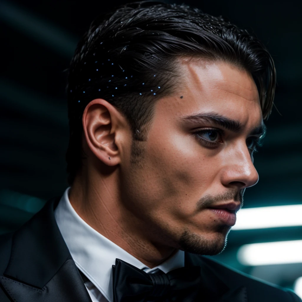 face portrait of adonifitness person using a tuxedo, in blade runner, professional photography, high resolution, 4k, detailed photo, <lora:adonifitness_44100:1>