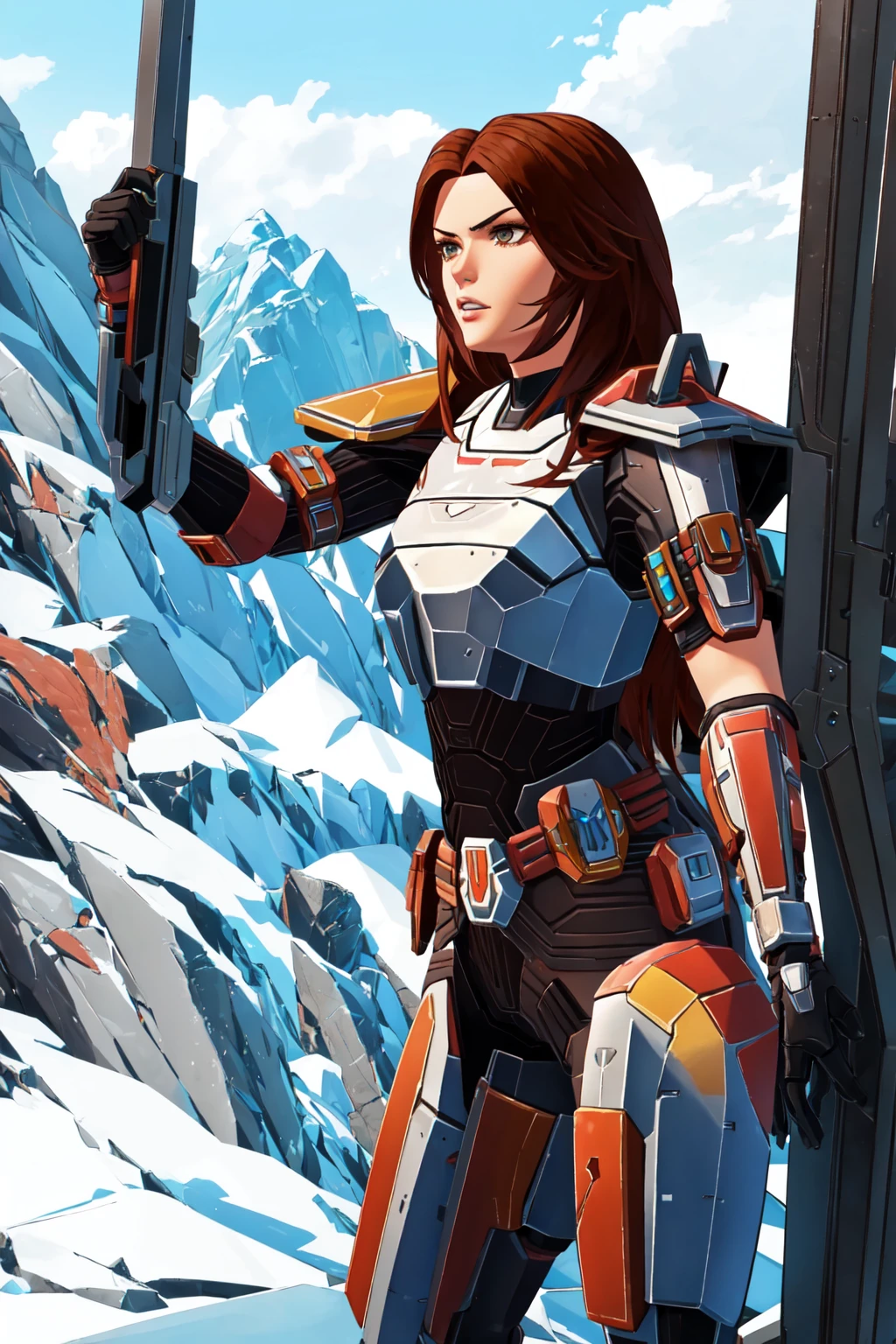 1girl, solo, aiguillette, shaevizla, mandalorian armor, long hair, reddish brown hair, gloves, holding, brown eyes, armor, gun, mountain, power armor, desert <lora:shaevizla:0.8>