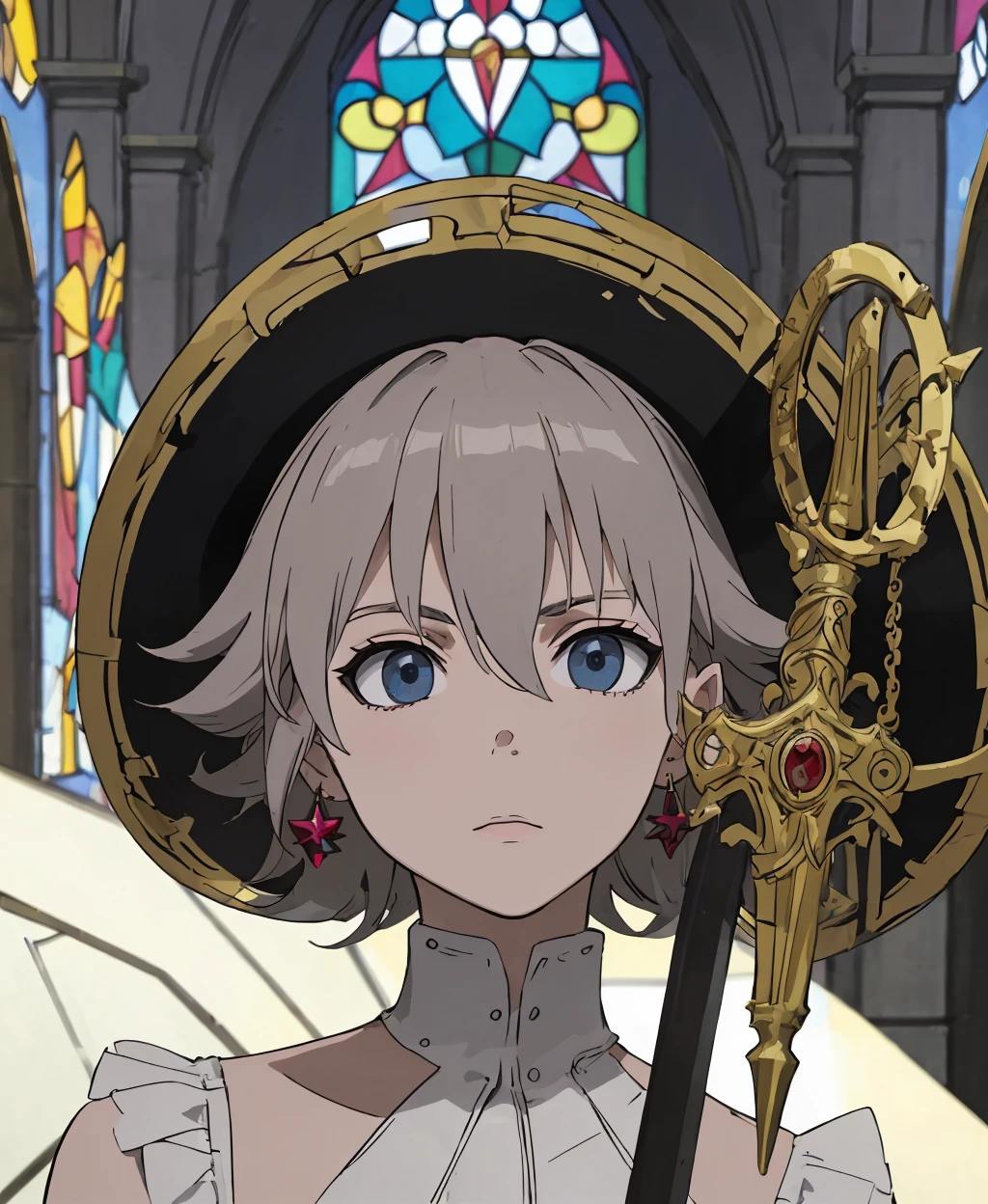(masterpiece, best quality, absurdres, detailed, ultra-detailed:1.3), parody, 1girl, looking at viewer, short hair, holding, jewelry, weapon, earrings, sword, indoors, holding weapon, grey eyes, stained glass, church, solo, <lora:bleach-eater-09:1>
