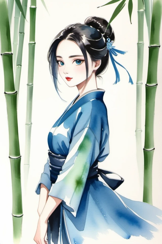 22 -year -old woman,green bamboo,(((ink))), ((watercolor)),Ink wash painting,beautiful face,wearing blue silk clothing,the best quality,movie light,