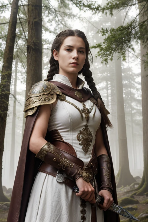 6. A female medieval warrior (ethnicity: White, age: mid-20s) in a misty, ancient forest (setting: mystical, dawn). She's clad in detailed leather armor (design: ornate, practical) with a long, flowing cape. Her hair is styled in intricate braids suitable for battle, and her face is marked with subtle war paint. She's wielding a sword (style: historical, embellished) with a fierce and determined expression, surrounded by ancient trees and soft, early morning light.