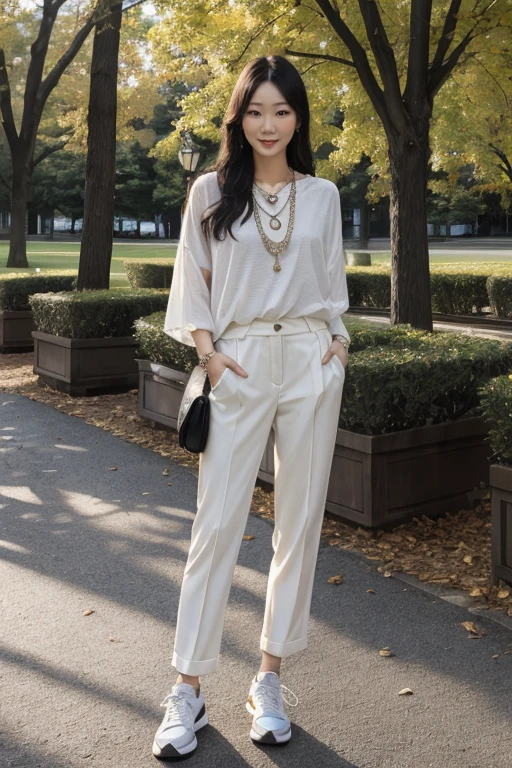 4k, 8k, ultra highres, raw photo in hdr, sharp focus, intricate texture, skin imperfections, realistic, detailed facial features, highly detailed face, posing,perfect lighting,long hair,black hair,makeup,necklace,korean, standing in a park, casual outfit,white shoes