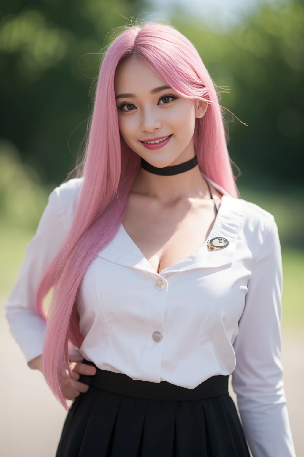 <lora:joanwu_v01:0.9>,
(8k, RAW photo, best quality, masterpiece:1.2), (realistic, photo-realistic:1.37), omertosa,1girl, blurry background,lake, sunlight,professional lighting, photon mapping, radiosity, physically-based rendering, backlight bokeh, blurry background,smile, mature,((black choker)), red lips, student ,((lights shinning on the face))
head portrait
,
sunlight, ((outdoors)) ,((light shinning on the hair))
millitary uniform,hoodie,school uniform,
((long hair)), ((floating hair)), pink hair,straight hair, glowing hair,
135mm lens,,big breast,red lips,smile