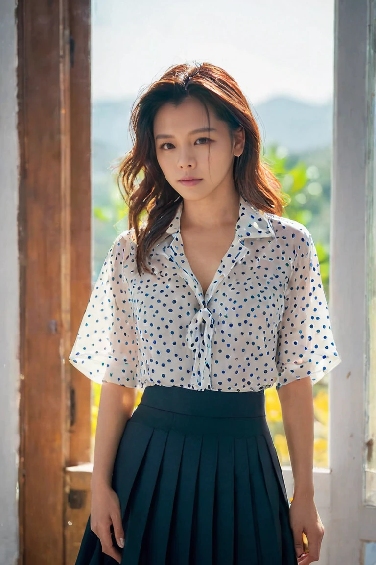 UHD, 4k, ultra detailed, cinematic, a photograph of (masterpiece,best quality,ultra high res:1.1),(photo-realistic:1.1),side_light,bokeh,beautiful face,exquisite face,
looking at viewer,(simple background:1.1),1girl,18yo,(sweat and pure:1.2),from The Knot the movie,breasts apart,
vivian_hsu,a hot summer day,enjoy this wet orgasm,sunlight through the glass to form a beam,(Polka_dot_blouse:1.5),(Pleated_midi_skirt:1.4),(Pointed-toe_pumps:1.3),greco-roman architectur,, epic, beautiful lighting, inpsiring