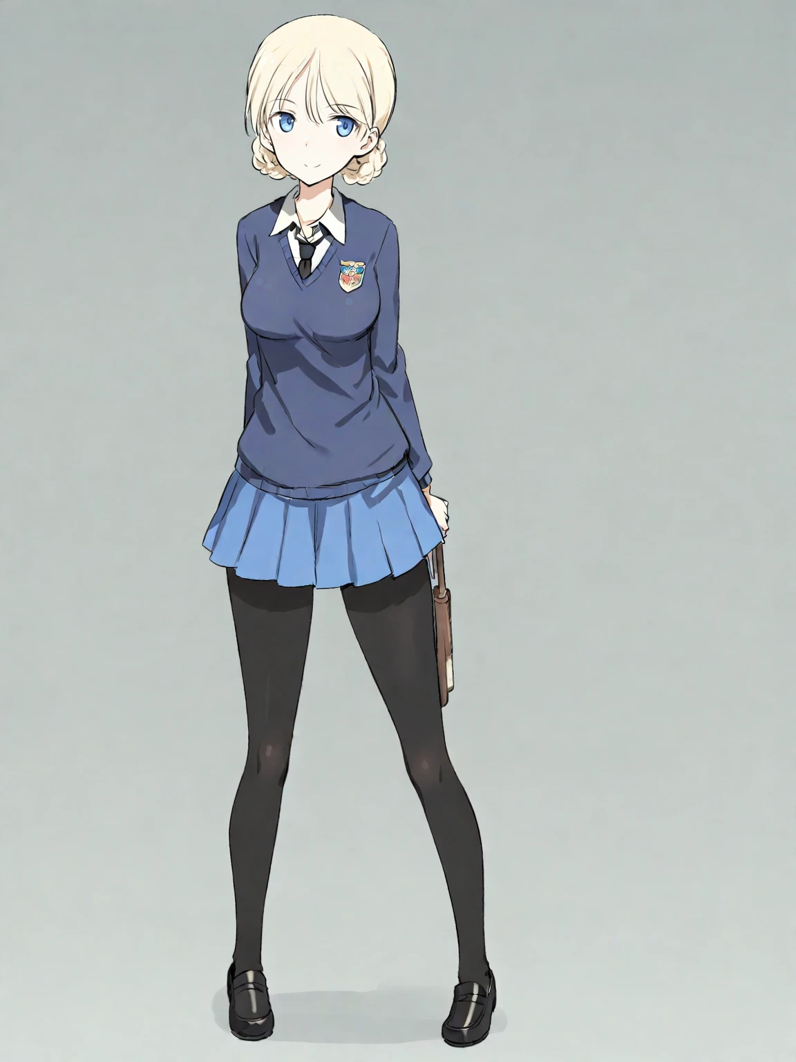 1girl, darjeeling \(girls und panzer\), solo, blonde hair, st. gloriana's school uniform, pantyhose, skirt, blue eyes, school uniform, shirt, necktie, shoes, black necktie, white shirt, braid, loafers, v-neck, pleated skirt, blue skirt, black pantyhose, standing, sweater, blue sweater, full body, short hair, miniskirt, dress shirt, emblem, black footwear, looking at viewer, arms behind back, long sleeves, smile, holding, bangs, masterpiece, best quality