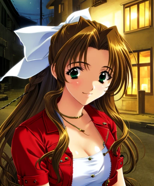 portrait, (adult woman), (1girl, solo), smile, (brown hair), green eyes, ((slums)), (night, hazy), ((best quality, high detail)), ((masterpiece)), <lora:Cha - Aerith v3:.75> aerith gainsborough, hair ribbon, braid, red cropped jacket, dress, <lora:1_ayakadoi_12e:1>