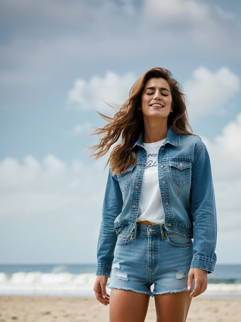 Realistic photo of a beautiful c1ndyc woman,1girl,solo,long hair,brown hair,shirt,long sleeves,standing,closed eyes,white shirt,outdoors,sky,shorts,teeth,day,head tilt,short shorts,facial hair,ocean,beach,denim,blue shorts,denim shorts,realistic,hands in pockets,mustache,cutoffs), soft lighting, professional Photography, Photorealistic, detailed, RAW, analog, sharp focus, 8k, HD, high quality, masterpiece<lora:c1ndyc:1.0>