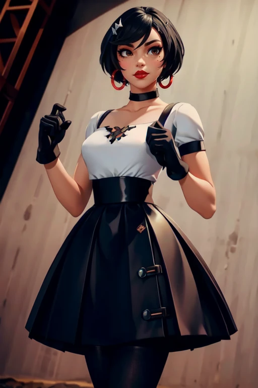 masterpiece,best quality,extreme detail,8k,<lora:evie:0.6>,evie2,upper body,cowboy shot,short hair,makeup,hair ornament,black hair,brown eyes,gloves,black gloves,lips,choker,jewelry,white shirt,high-waist skirt,red lips,mole,high heels,black pantyhose,black footwear,short sleeves,pantyhose,earrings,hoop earrings,