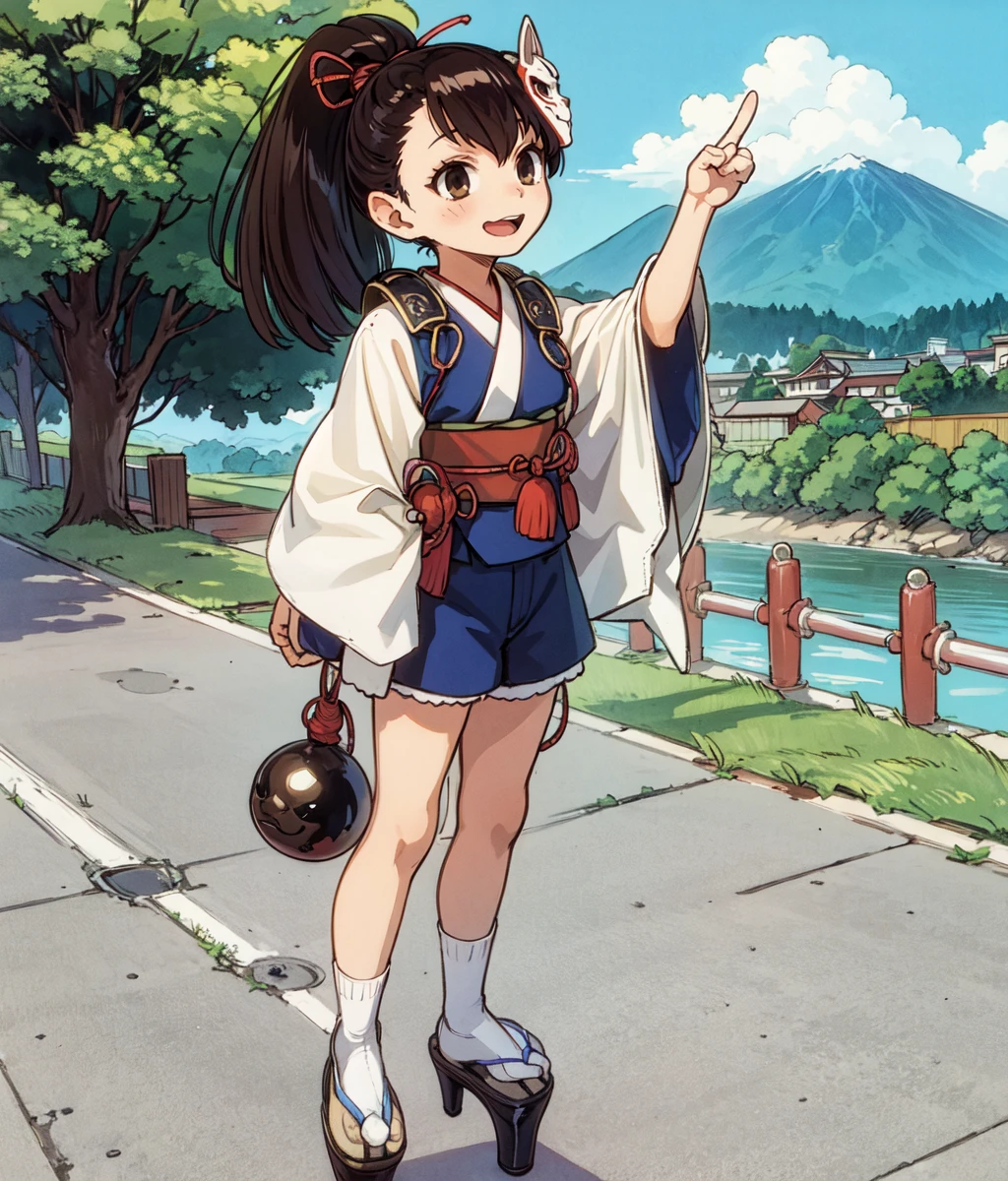 masterpiece, high res, detailed face, detailed eyes, anime screencap, 1 girl, slender, open mouth, smart face, japanese clothes, brown hair, ponytail, oni mask, head ornament, high heels, bare legs, obi, standing, pointing up, outdoors, japanese medieval town  <lora:hatsuho:1>