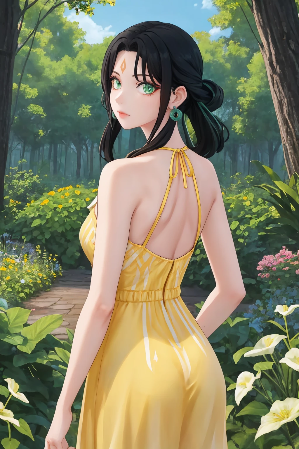 (ultra realistic,32k, masterpiece:1.2),(high detailed skin:1.1),( high quality:1.1),
Mavis, very long wavy hair, long bangs, elegant fringe, blue eyes, slim face, egirl makeup, very strong makeup, plump black lips, Orgasm face, sex joy, sexy supermodel body, tall girl, slim fit figure, astral diamond necklace, transparent dress, tight top, yellow dress, sleeveless, bare shoulders, yellow details, thigh transparent highs, futuristic black boots, hoop earrings, Romantic photo, sitting on lilly pad, white lotus flower field, flying anime particles, realistic maledives' water, small waves, outside, floating pink flowers, night, warm lights, perfect realistic shading, intensive chromatic effect, rays of the sun, detailed background,,(looking at viewer, sitting, from above:1.1),, (hard breast,round breast,:0.9),(volumetric lighting:1.1),