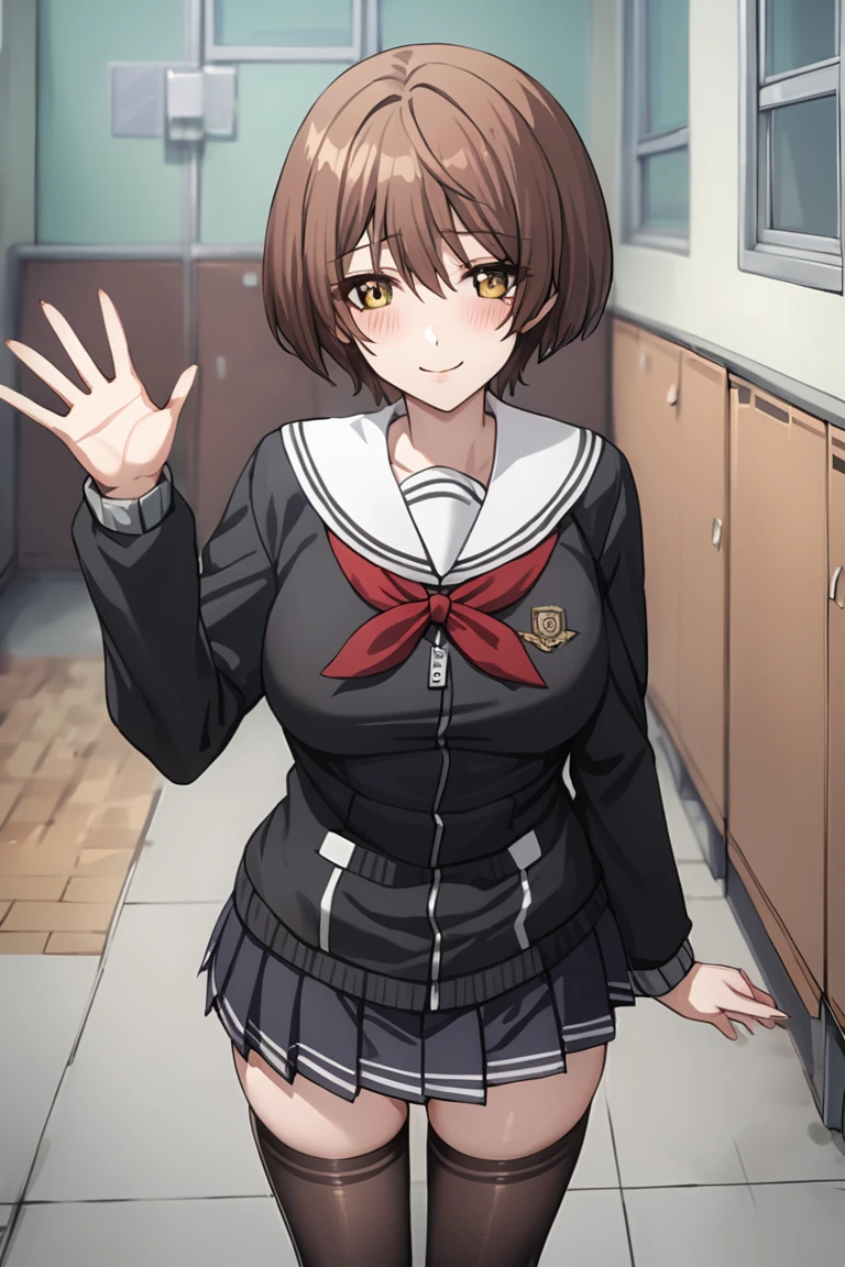masterpiece, best quality, best aesthetic, ultra detailed, BREAK
1girl, solo, female, kokorogiyutoriexp, brown hair, short hair, yellow eyes,
school uniform, skirt, thighhighs, stocking, waving hand, saying hi, classroom, indorrs,, cowboy shot, outdoors, , looking at viewer, light smile, colorful, vivid, <lora:Kokorogi_Yutori_XL-000010:0.9>