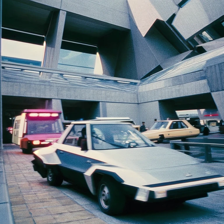 t0talr3call, crowded atrium with brutalist architecture and futuristic cars driving by, film screencap, 35mm, Eastman 100T 5247, Eastman 400T 5295, Arriflex 35 BL4, Zeiss Super Speed Lens,  <lora:totalrecallstyle_lora:0.8>