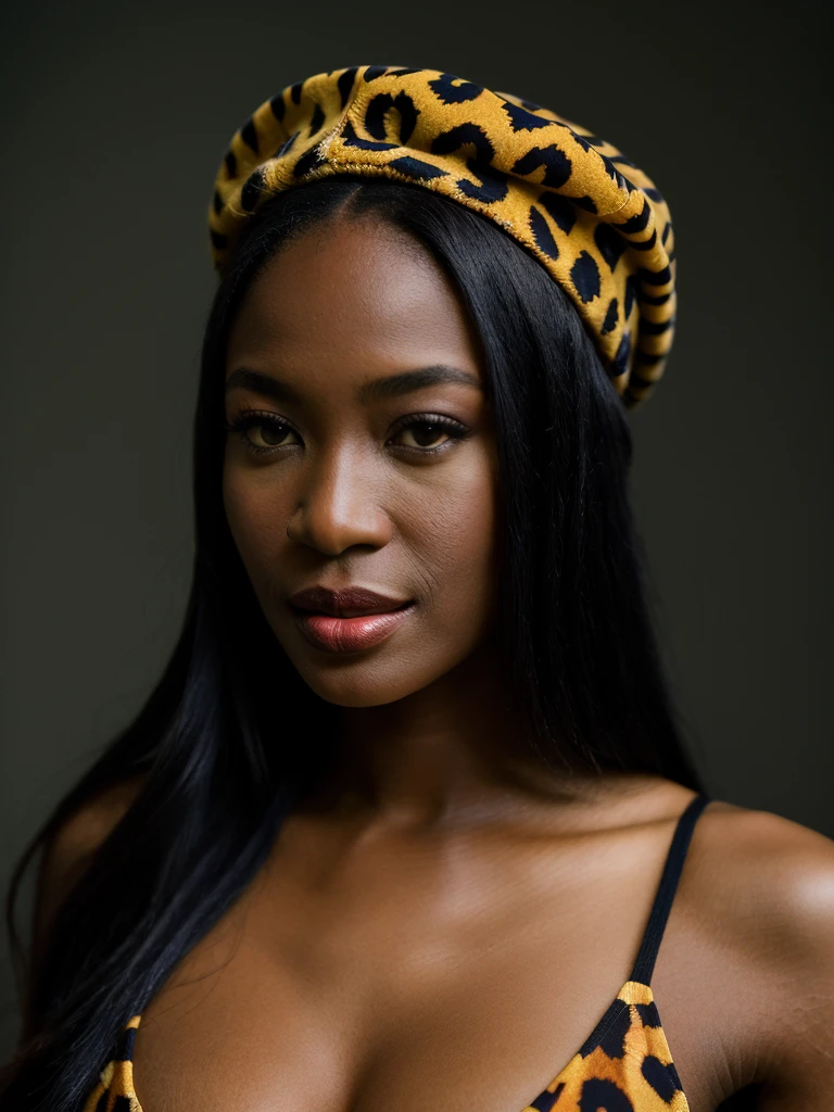 Realistic photo of a beautiful n40m1c woman,1girl,solo,long hair,breasts,looking at viewer,smile,gloves,hat,closeup,upper body,elbow gloves,dark skin,dark-skinned female,lips,beret,animal print,realistic,leopard print, soft lighting, professional Photography, Photorealistic, detailed, RAW, analog, sharp focus, 8k, HD, high quality, masterpiece<lora:n40m1c:1.0>