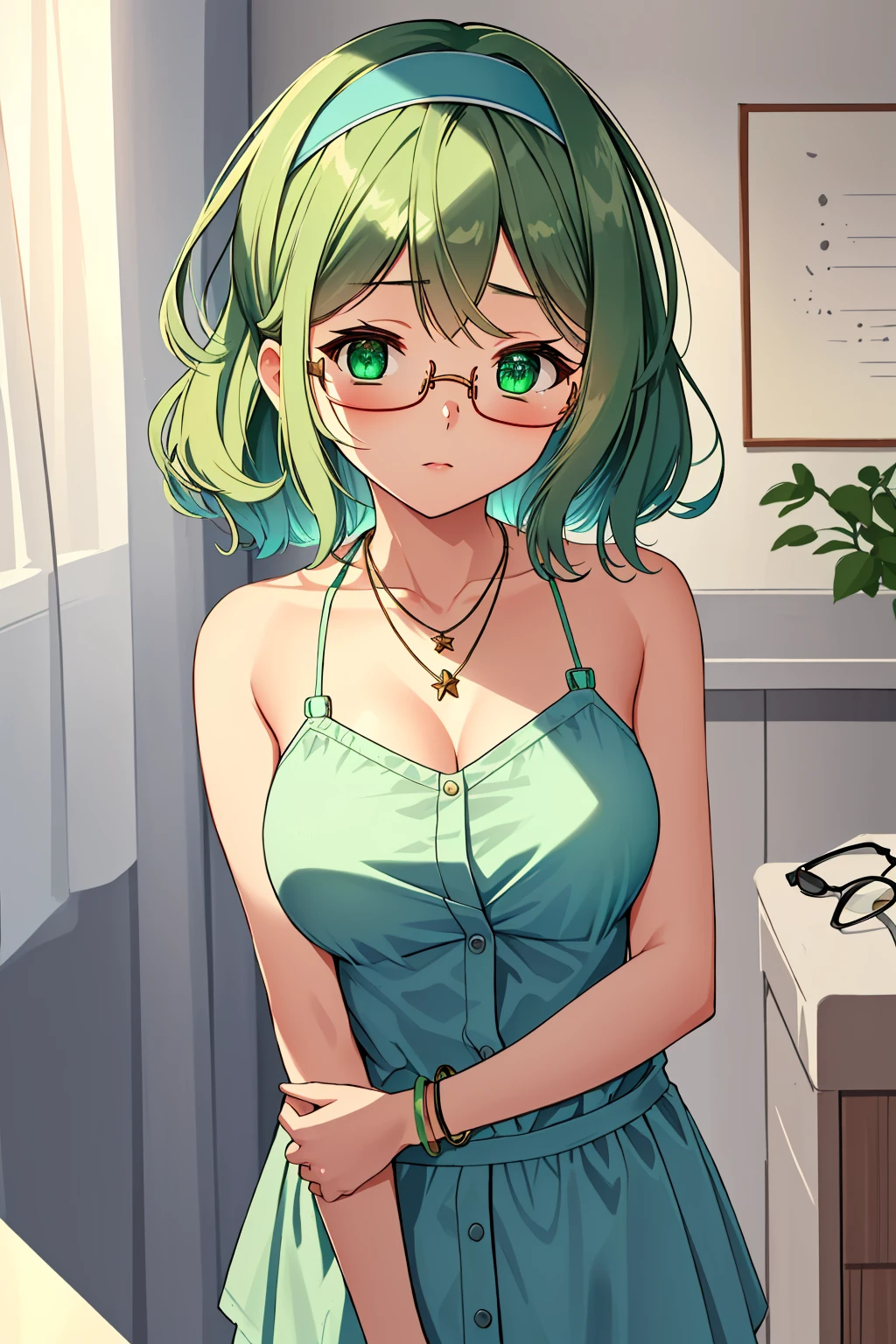 ((masterpiece, best quality, high quality)),1girl, (hospital), <lora:infirmary_v0.1:0.5> infirmary,  <lora:Tomomi Kii:0.7> (1girl, 3dcg 08, aqua hair, bangle, collarbone, glasses, green eyes, hairband, medium breasts, necklace, semi-rimless eyewear, short hair, sidelocks, solo, tomomi kii, under-rim eyewear),