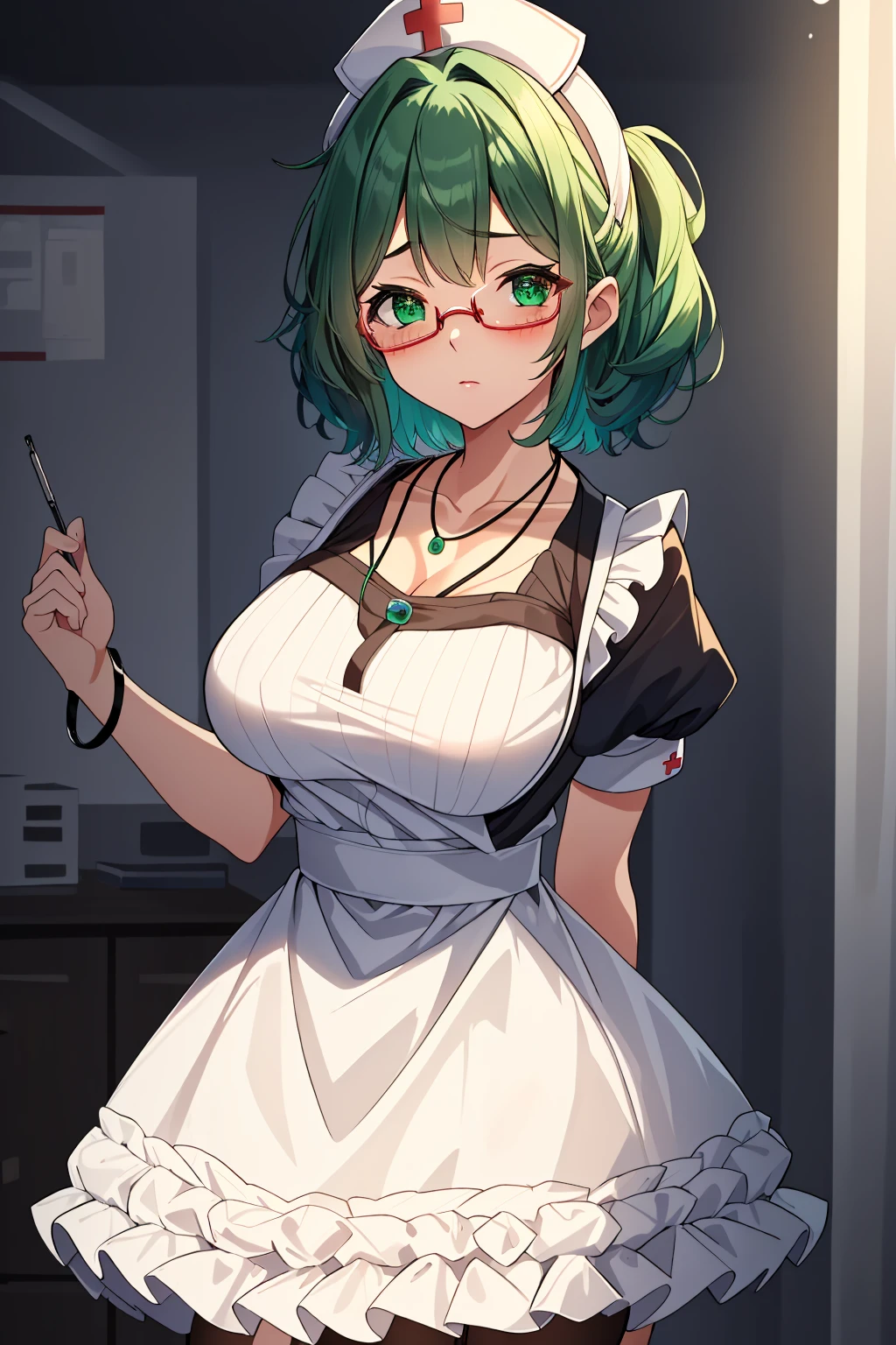 ((masterpiece, best quality, high quality)),1girl, (hospital), <lora:infirmary_v0.1:0.5> infirmary,  <lora:Tomomi Kii:0.7> (1girl, 3dcg 08, aqua hair, bangle, collarbone, glasses, green eyes, hairband, medium breasts, necklace, semi-rimless eyewear, short hair, sidelocks, solo, tomomi kii, under-rim eyewear), <lora:0- CL - Classic Nurse Old V2:0.8> (nurse_old_style_01, apron, nurse cap, short sleeves, striped dress, puffy sleeves, vertical stripes, nurse, white apron, puffy short sleeves, pantyhose),