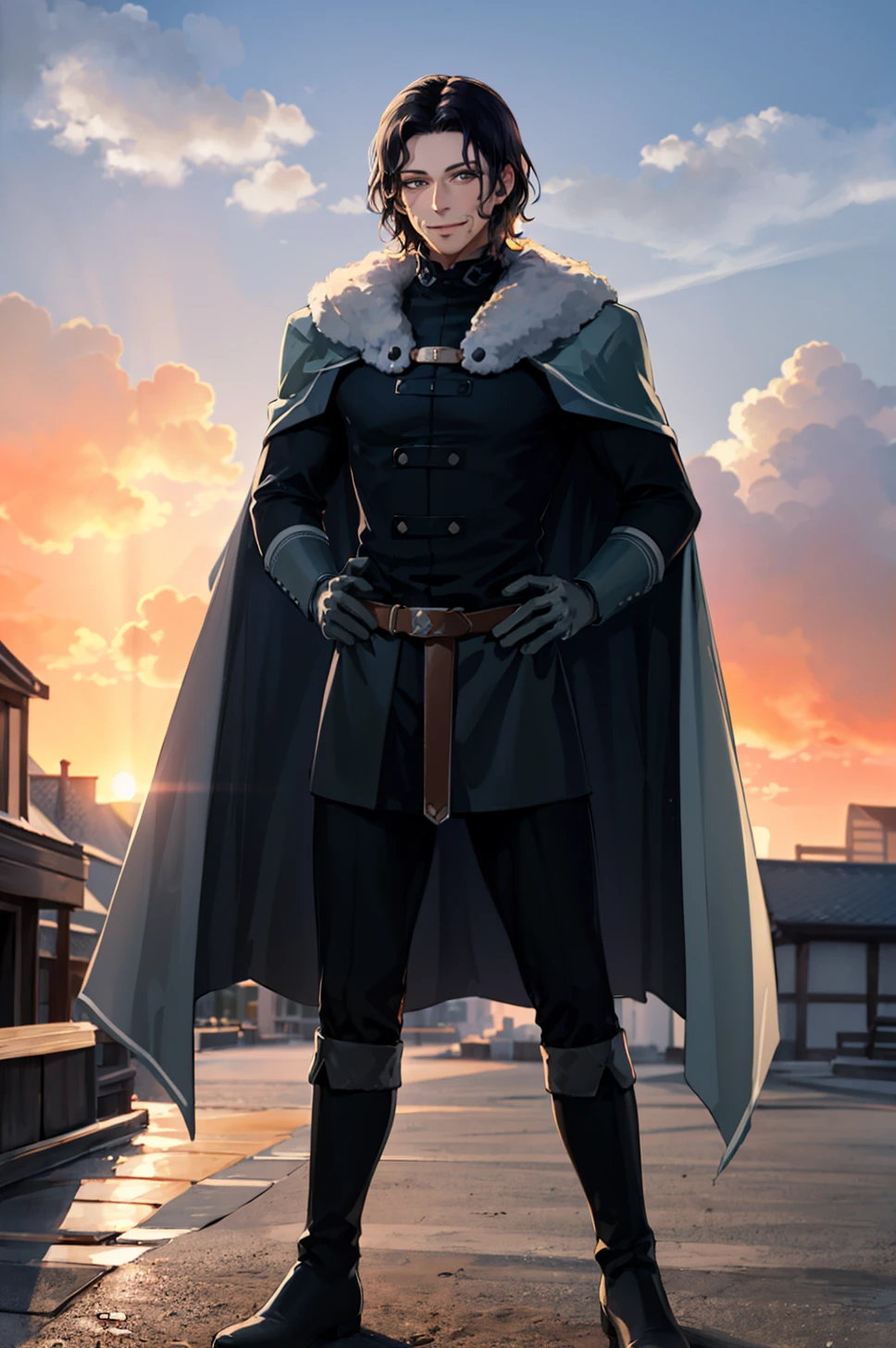 masterpiece, sunset, 1boy, solo, full body, mature male, smile, closed mouth, hands on hips, <lora:RodrigueFE3H:0.85> rodrigueFE, white gloves, boots, cape, fur trim, goatee