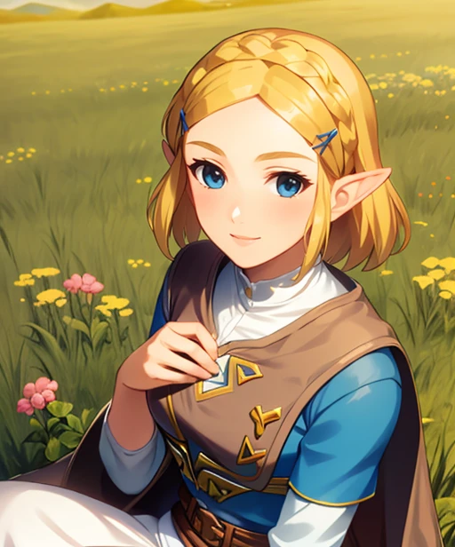 portrait, (adult woman), sitting, picking flowers, (1girl, solo), smile, (blonde hair), ((field, rolling hills)), (distant mountains), ((best quality, high detail)), ((masterpiece)), <lora:zelda_shorthair_v5:0.4> zelda\(princess\), hairclip, cape, <lora:1_fumio_13e:1>