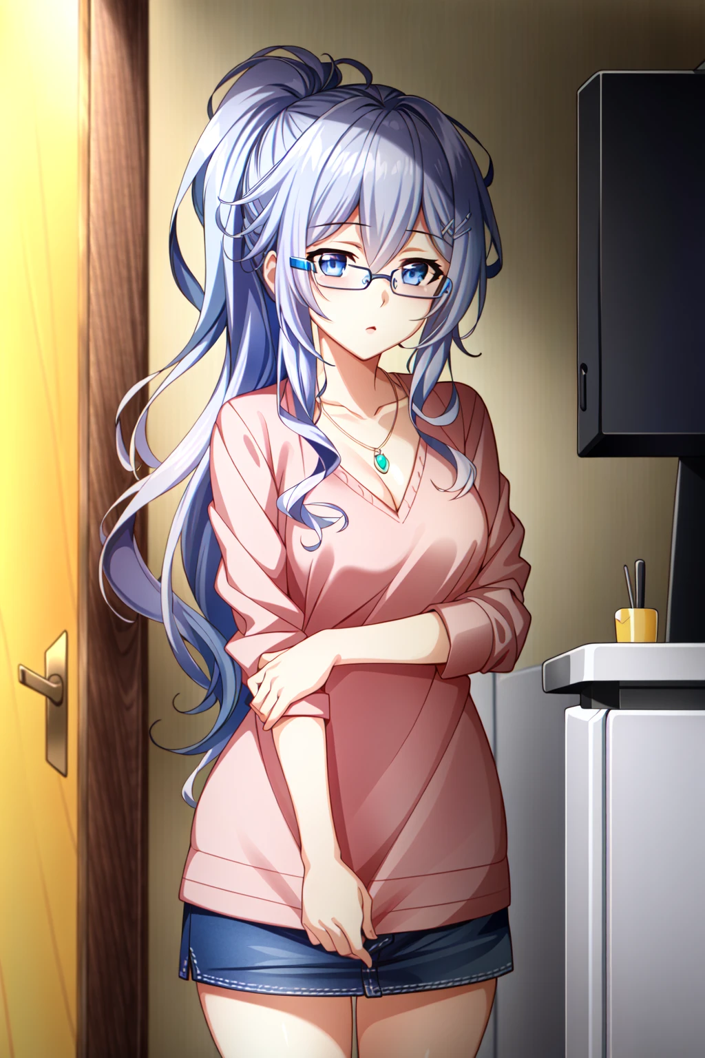 (extremely detailed CG unity 4k wallpaper),(masterpiece),(best quality),(ultra-detailed),(best illustration),(best shadow),(absurdres),(detailed background) <lora:OGT_Reine_Murasame-v1:0.8> Reine Murasame, 1girl, solo, glasses, blue eyes, long hair, purple hair, ponytail, stuffed toy, stuffed animal, jewelry, necklace, pink shirt