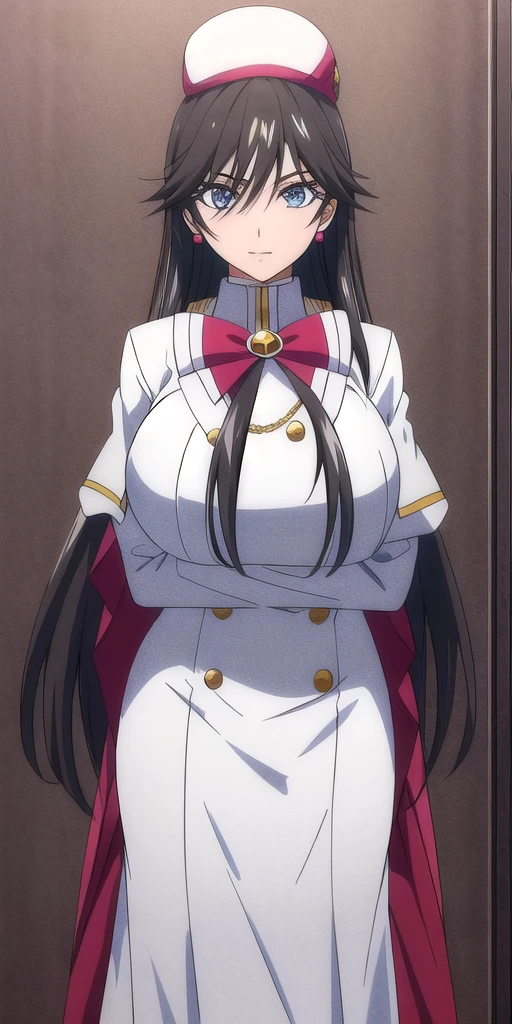 <lora:AkiraFerrariV4:0.7> akira_ferrari, huge_breasts, standing, solo, Winter_Himeya_company_uniform_White_long_dress_White_capelet_Red_bowtie_Long_sleeves_high_collar_Side_slit, White_beret_Himeya_company_uniform, masterpiece, best quality, detailed face, detailed eyes, highres,