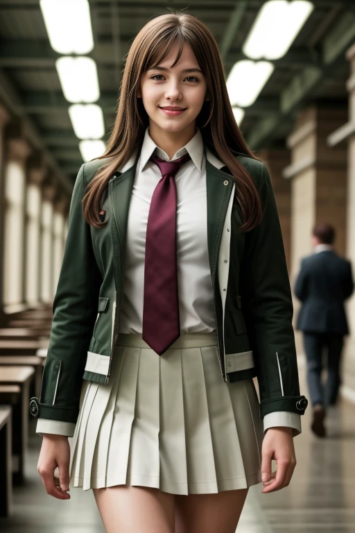 ((Masterpiece, best quality, cinematic lighting, 8k, full body shot, long hair)), (smile:0.85), (realistic background)
<lora:GW_School_Dress_By_Stable_Yogi:1> green jacket, white shirt, pleated skirt, neck tie, school dress