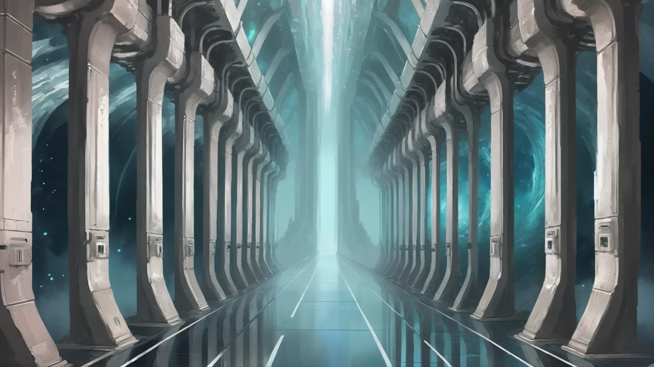 digital art, dank underground corridor in a ghostly fantasy vertical arcology beyond the end of the universe, masterpiece