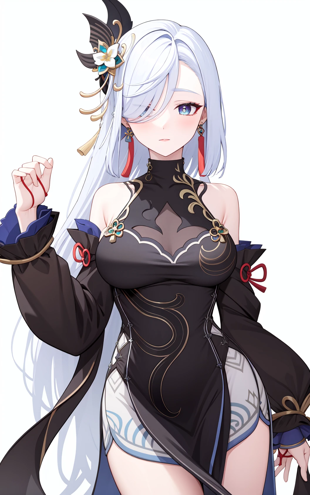 <lora:ç³é¹¤æ°ç®è¤-000010:1:lbw=char>,shenhe,shenhe \(genshin impact\),hair ornament,bangs,blue eyes,bare shoulders,large breasts,hair over one eye,detached sleeves,dress,black dress,tassel,white hair,chinese clothes,jewelry,earrings,flower,, 1girl,
, (masterpiece,best quality:1.2),absurdres
