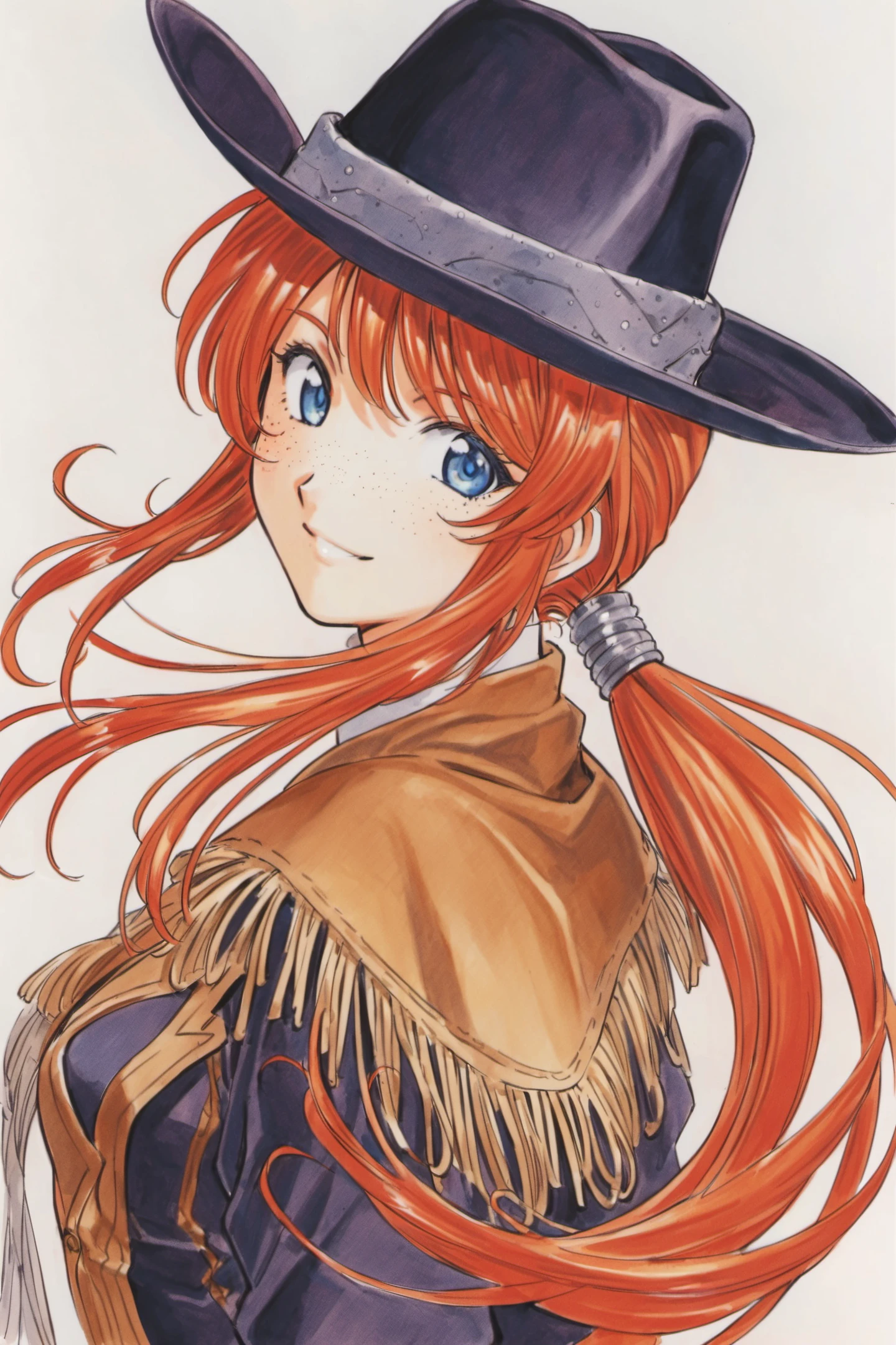 Gemini Sunrise, freckles, 1girl, solo, hat, cowboy hat, blue eyes, long hair, smile, upper body, white background, traditional media, ponytail, cowboy western, simple background, looking at viewer, orange hair, jewelry, red hair, <lora:Kosuke Fujishima_XL:0.8>