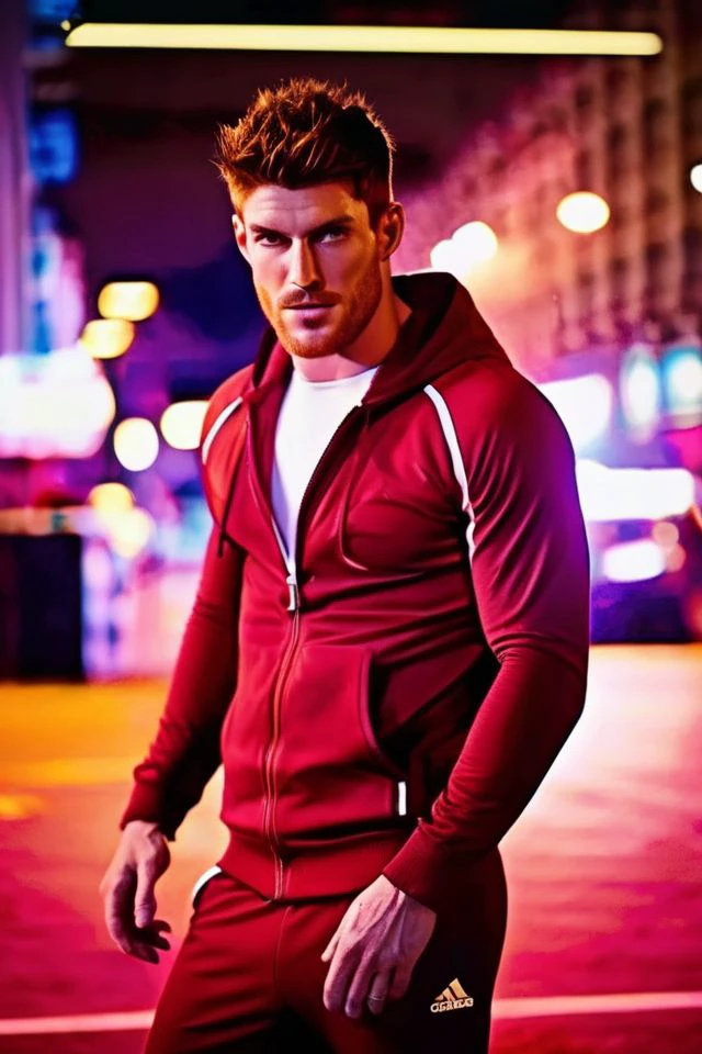 Gwilym Lee a man <lora:ken-bek_Gwilym-Lee:1>, realistic photo in a worn ((red tracksuit, massive hairy pecs)),((light bokeh)), intricate, (steel metal [rust]), elegant, sharp focus, photo by greg rutkowski, soft lighting, vibrant colors, (masterpiece), ((streets)), (detailed face), looking at viewer, light smile, night, walking towards viewer, cinematic lighting, beautiful lighting, cinematic lighting, (hazy filter, film grain:1.2)