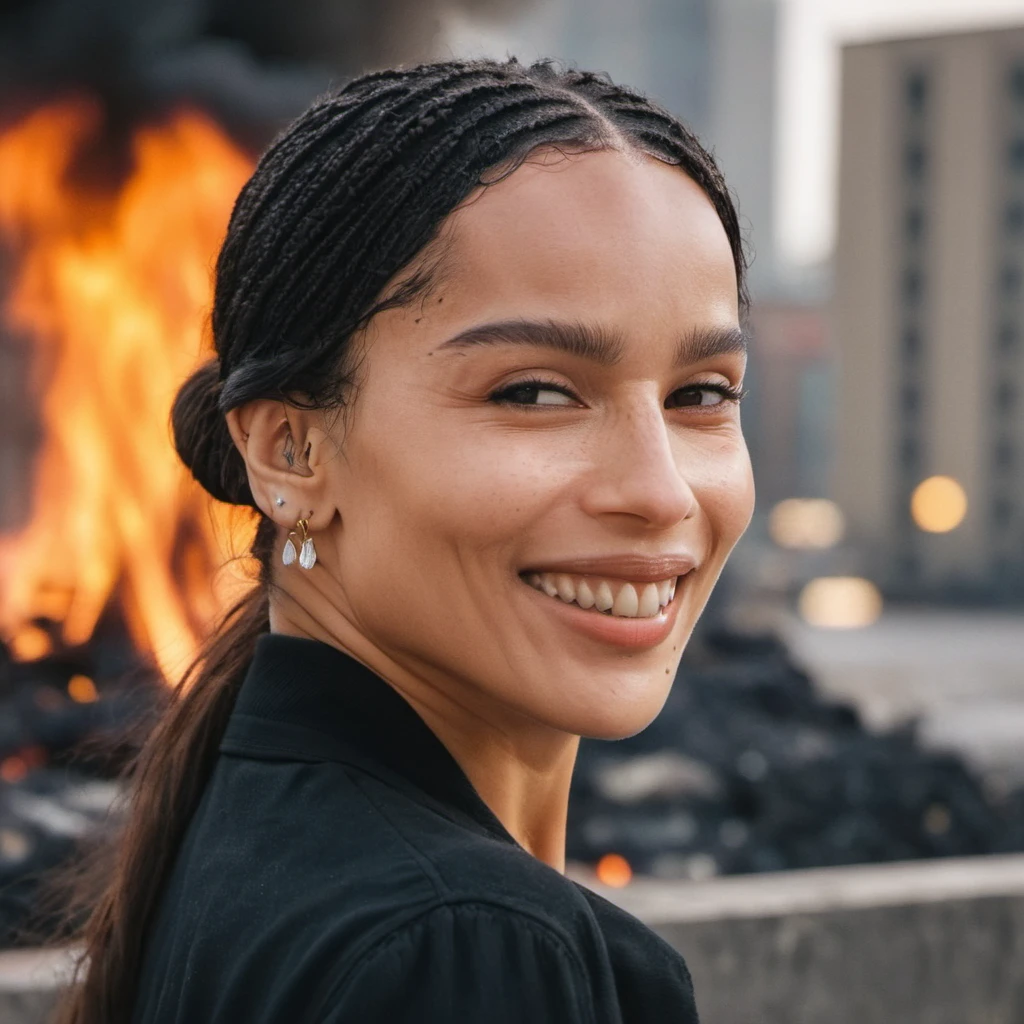 (Skin Texture, pores, natural,iPhone,RAW)), natural lighting, Highest Quality closeup Portrait photo of a pretty woman smiling, Nikon Z9, realistic matte skin, blurry burning buildings in the background, 8K, <lora:zokravitz_xl_1_standard_merger_47_59_83_05_03_02:1>