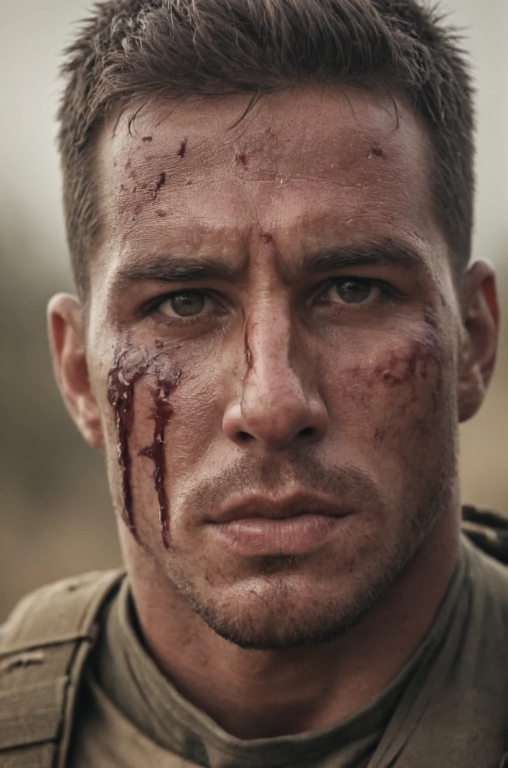 cinematic portrait of wounded action hero