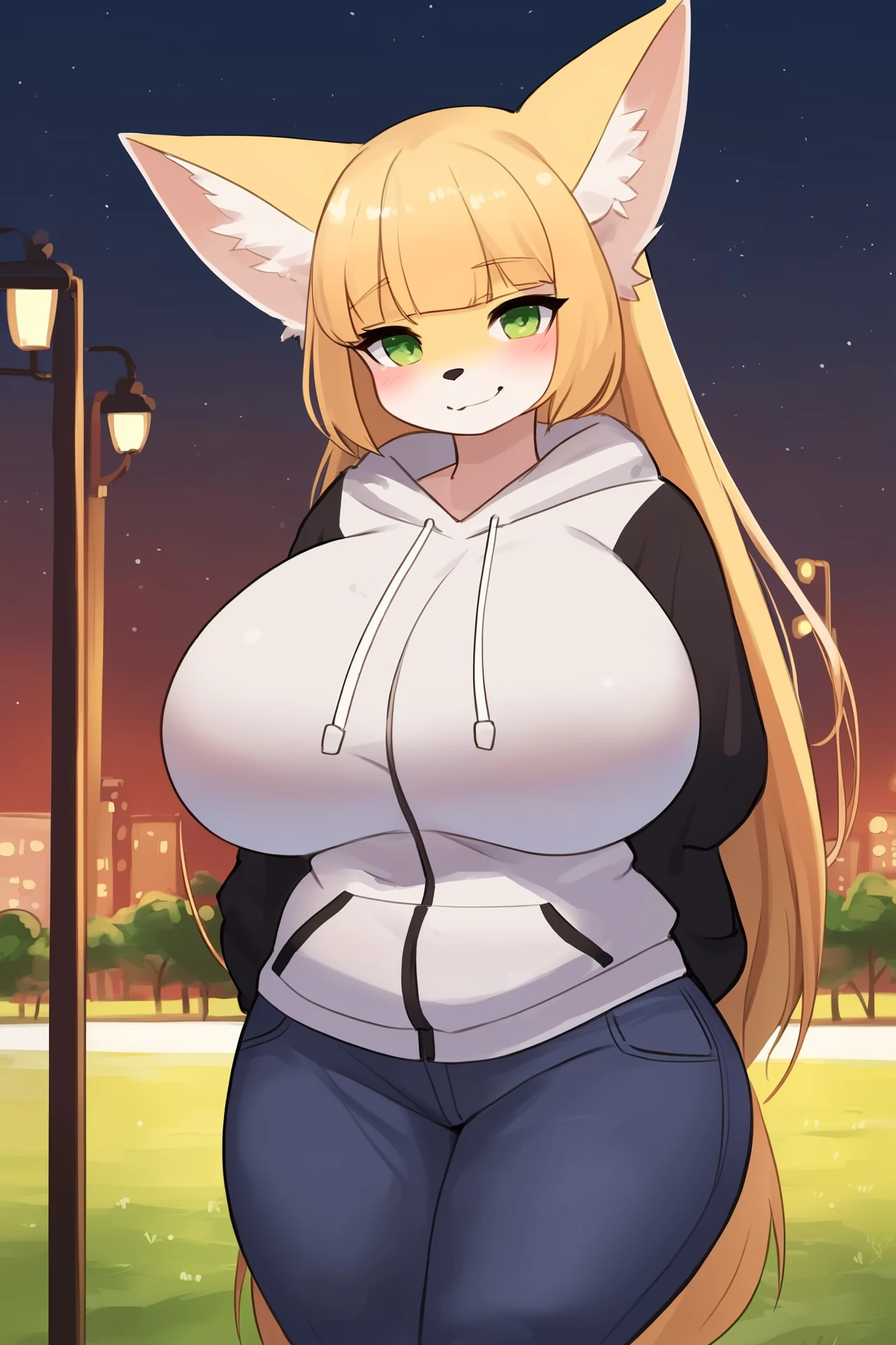 (tall female,HD, 4k, high resolution, best quality:1.4, high quality, detailed),((detailed background)),(park,half body,three-quarter portrait,facing viewer)
((((by buta99)))),anime screencap,(furry,fennec fox),(female),(solo),(yellow body fur),(detailed hands),(long hair,bangs),standing,detailed green eyes,seductive smirk,blush
,(big breasts,thick thighs,wide hip)
,hoodie,jeans
<lora:fluffyrock-quality-tags-v4:1>