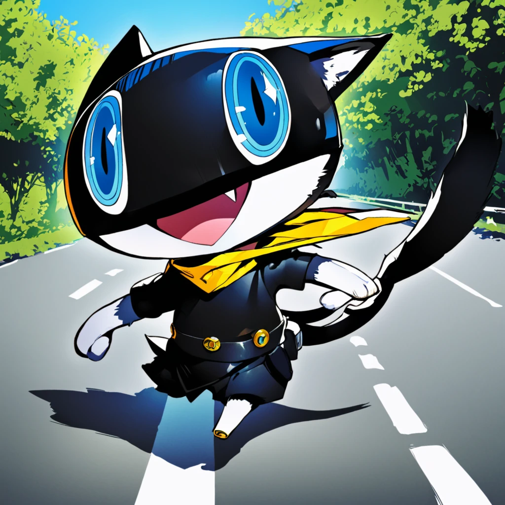 1boy, Morgana \(persona 5\), running on the road, masterpiece, newest, best quality, high quality, soejima_shigenori <lora:soejima_style_xl_c:1>