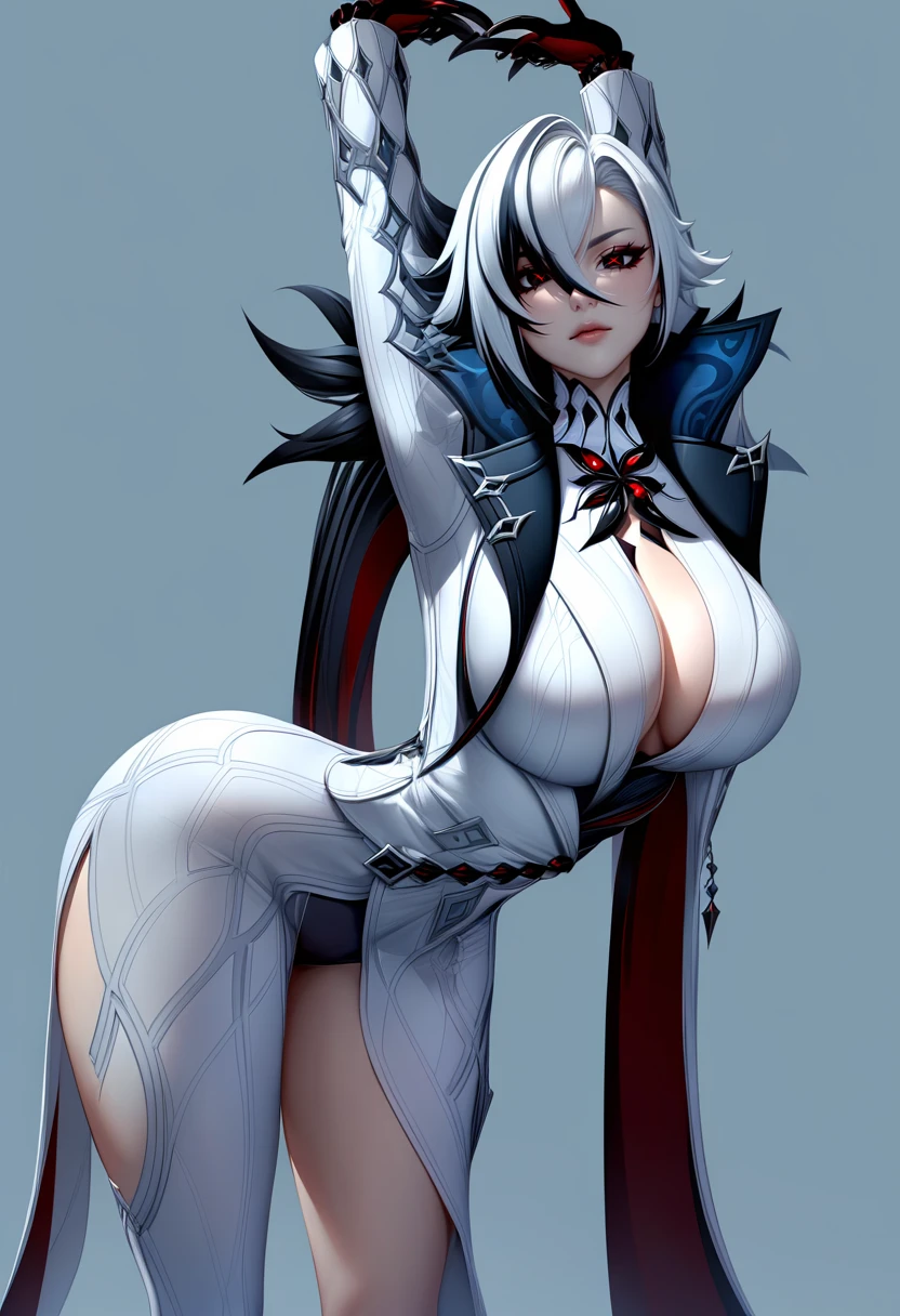 solo, 1girl, arlecchino \(genshin impact\), genshin impact, expressionless, looking at viewer, cammystretch, stretching, leaning forward, arms up, jacket, large breasts,<lora:EMS-281829-EMS:1.000000>