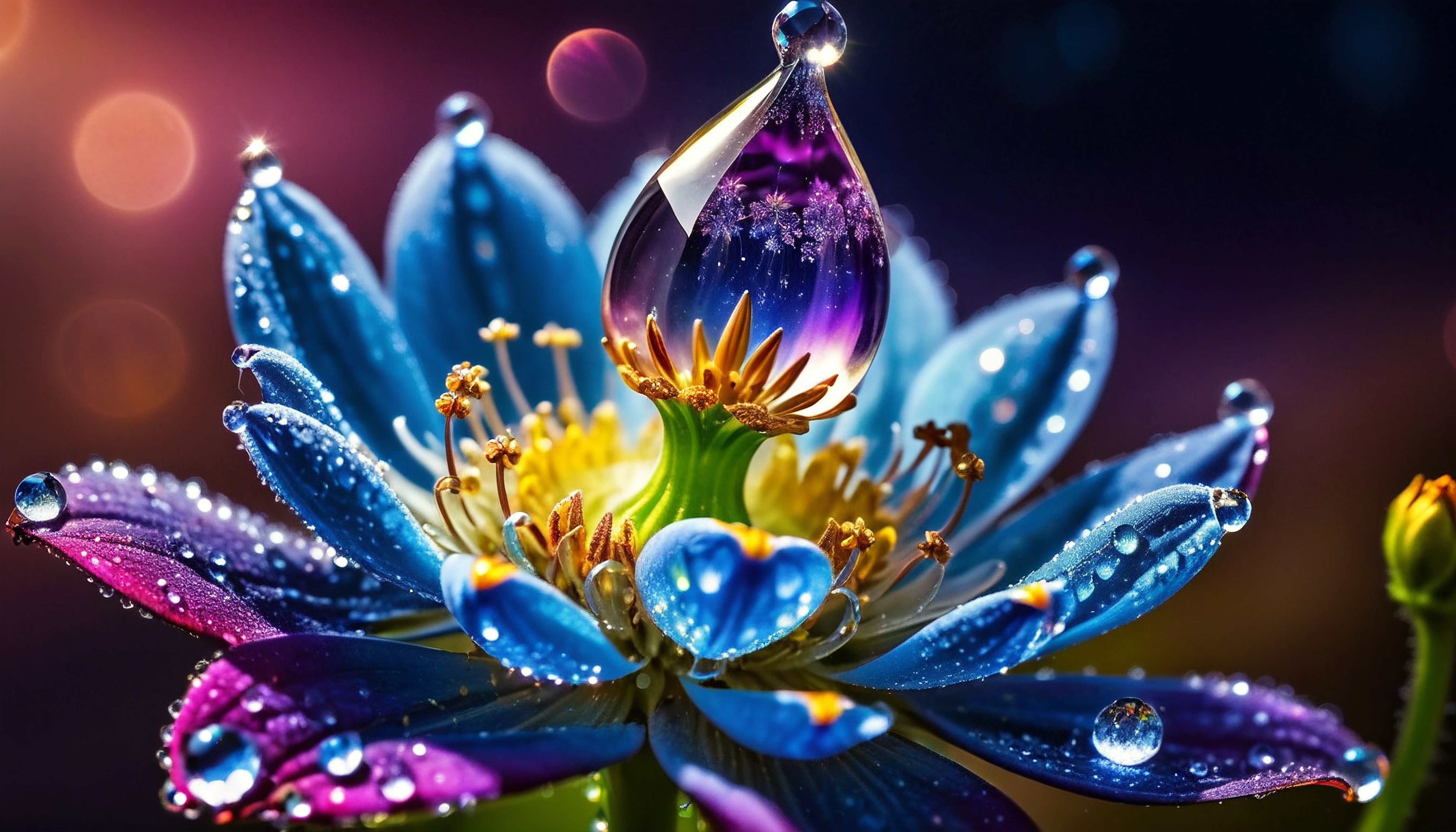 macro photo, sparkling magical fantasy glass flower dewdrop, very detailed, amazing quality, intricate, cinematic light, highly detail, beautiful, surreal, dramatic, galaxy fantasy colors, <lora:SDXLFaeTastic2400:1>