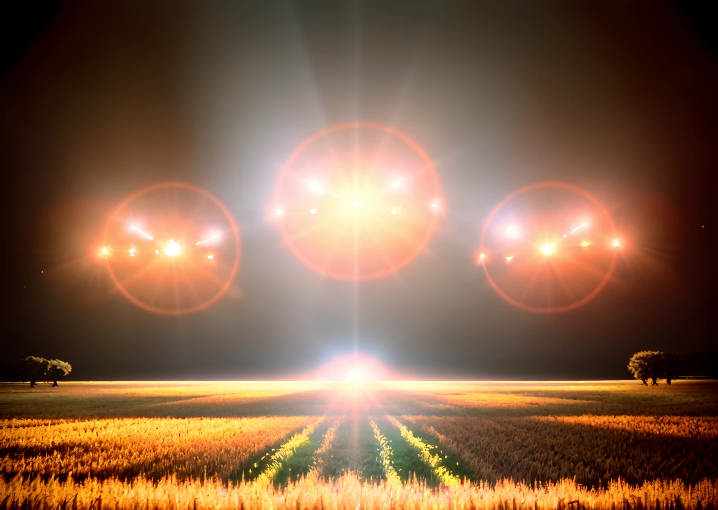 3rdkind,lensflares, blinding lights, in a wheatfield, 35mm, panavision psr 200, film grain, realistic photo,  <lora:Close_Encounters_Of_The_Third_Kind-000014:1>
