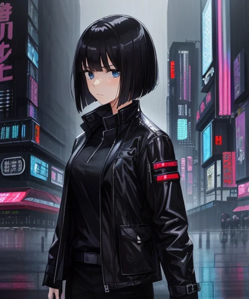 (adult woman), (1girl, solo), walking, ((black jacket)), serious, (black hair, bobcut), (blue eyes), ((future city, neotokyo, scifi city, cyberpunk)), (night, rain), ((best quality, high detail)), ((masterpiece)), <lora:1_kimishimaao_10 e:1>