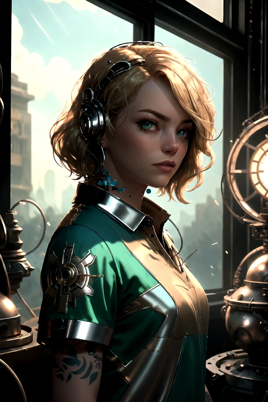 masterpiece, absurdres, best quality, <lora:Emma_Stone-v1-01:1.4>3mm4,blonde hair, woman,(style-rustmagic:0.8), portrait, solo, from front, front view, upper body, looking at viewer, detailed background, detailed face, (<lora:ChromeTech:0.6>, chrome, metallic, chrometech theme:1.1), infused with power, tinkerer-mage, technomancer, movement, technology, melding of spellcraft and clockwork, green intricate enchanted clothes, gear shaped tattoos, techwear, ancient gems, wires, tinkering, powerful energy wisps, mystical aura, arcane mechanical workshop in background, backlighting, cinematic atmosphere,, Muscle Fit Polo Shirt, Sepia, High Fashion Editorial Photography, fill the frame, Side lighting from a window (Window Side Light).
