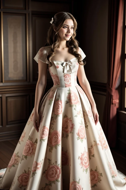 ((Masterpiece, best quality, cinematic lighting, 8k, full body shot, long hair, hour glass body)), (smile:0.85), (realistic background)
<lora:Floral_Ballgown_By_Stable_Yogi:1>  white floral print ballgown, hair bow, ribbon