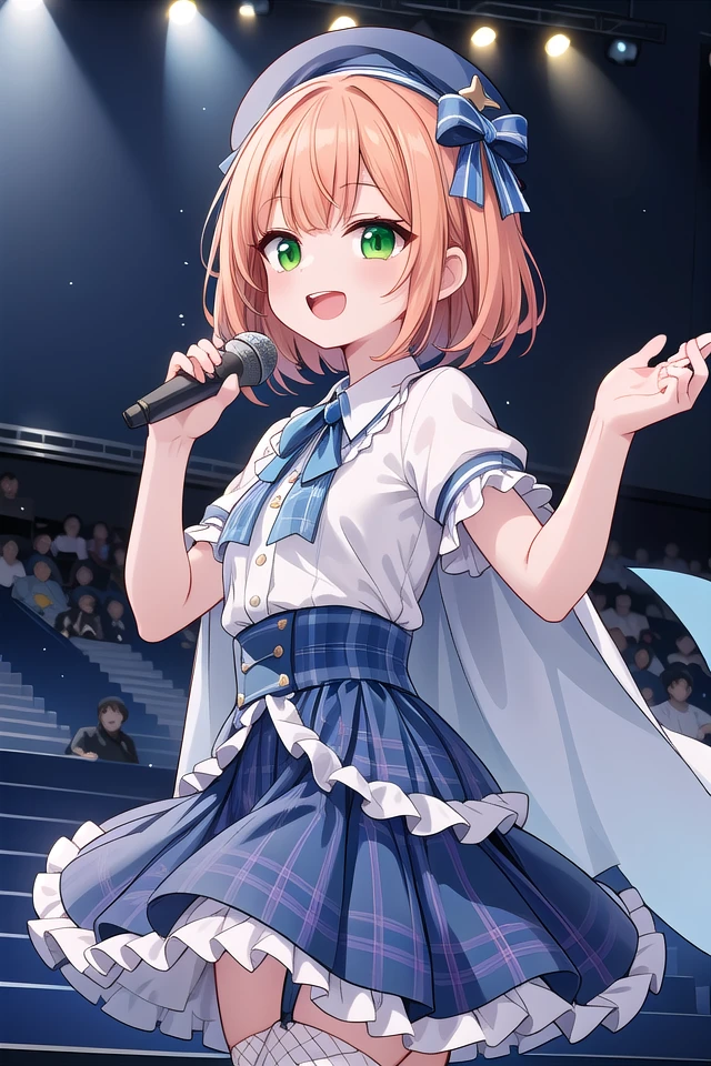 insanely detailed, absurdres, ultra-highres, ultra-detailed, best quality,
1girl, solo, nice hands, perfect hands
BREAK
(gothic drress, Idol costume:1.3), (blue and white theme:1.2), (white blouse:1.4), (white collar, tie:1.3), (open short-cape:1.3), (short sleeve:1.2), (blue tartan-check pattern (ruffle-skirt, multilayer-skirt):1.4), (white basque-beret with ribbon:1.3), (Fishnet stockings:1.3), (glove:1.2), (cleavage:-1.5)
BREAK
happy smile, laugh, open mouth, (standing, singing, dancing, holding microphone:1.4),
45 angle,
cute pose, cowboy shot
BREAK
slender, kawaii, perfect symmetrical face, ultra cute girl, ultra cute face, ultra detailed eyes, ultra detailed hair, ultra cute, ultra beautiful
BREAK
indoors, concert hall, idol live, crowded audience
BREAK
medium large breasts,
(orange medium hair, green eyes), hime cut