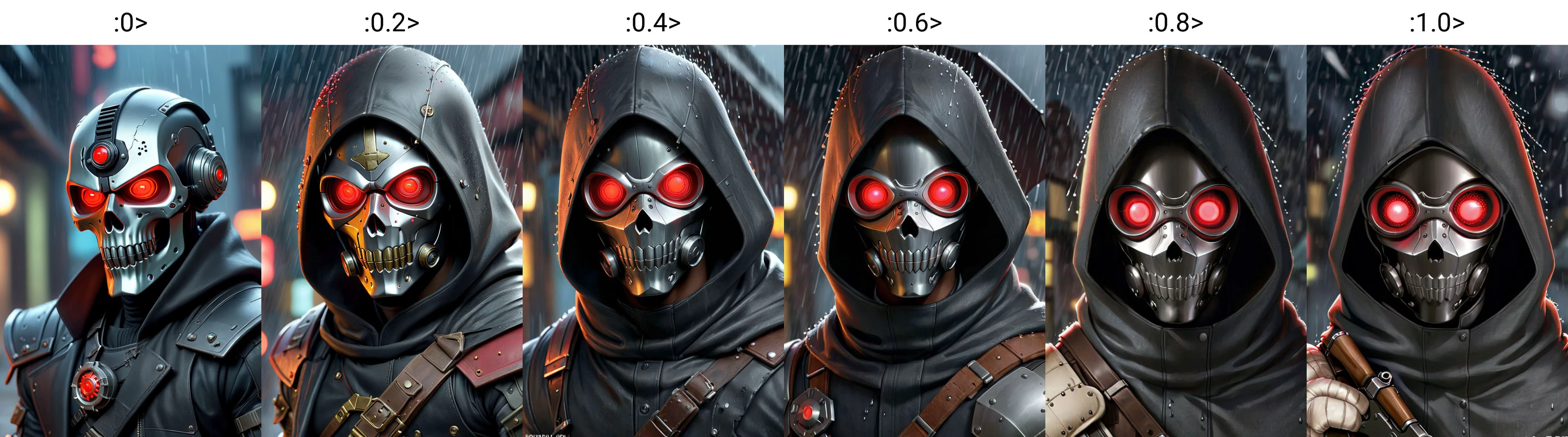 <lora:XL-char_SAO_[D34thGun]-v1-000007:0> (d34thgun:1.5), (man wearing a cyberpunk skull mask with glowing red eyes, muscular stature:1.4), (full face mask, metallic gasmask, wrapped in bandages, cloak, pistol, kevlar armor:1.3)(1boy, male focus:1.5), (masterpiece, top quality, best quality, detailed scenery background, official art, beautiful and aesthetic, extremely detailed, best quality, absurdres:1.3), (detailed natural lighting, depth of field:1.3) (hyperrealistic:1.5), vivid 16k colorful hdr, highest detailed, (standing, holding pistol, aiming, raining, nighttime:1.3), (closeup, face focus:1.5)