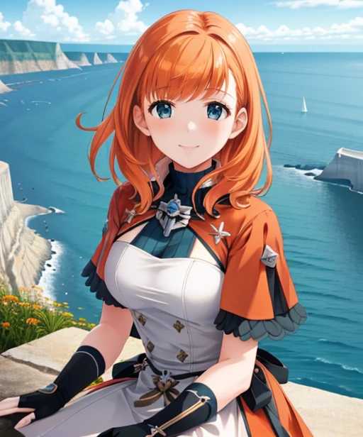 portrait, (adult woman), (1girl, solo), smile, (orange hair), ((coast, bay, cliffs, ocean)), (distant castle on a cliff), ((best quality, high detail)), ((masterpiece)), <lora:Annette_FE:0.7> (annette_war), medium hair, caplet, gloves, dress, <lora:1_kimishimaao_10 e:1>
