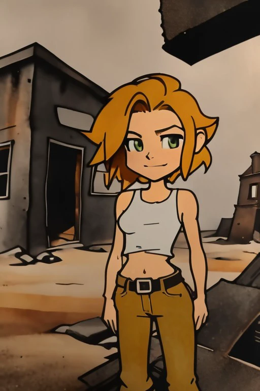 1920s animation,  23yo woman,  closeup upper body, middle shot,
andrew vasiliev style,Polaroid,
([Heidi( :0)Klum|Nicole( :0)Ki(:0)dman| Emmanuelle( :0)Chriqui]:0.9), sturdy,
Tan jeans,
highres, detailed, cute,, realistic,
Post-apocalyptic wasteland and rusted structures at the background, best quality, masterpiece,
<lora:steamboat_willie:1>