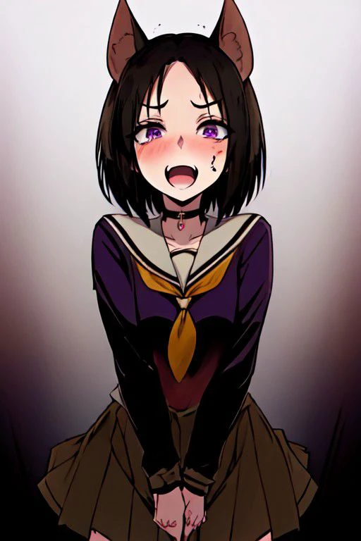 At night, a room, a girl, 1 girl, alone, school uniform, animal ears, skirt, purple eyes, short hair, choker, blush, pleated skirt, serafuku, black hair, crazy smile, dark aura, fangs, smug look, fangs with song, ((blood, blood on clothes, blood splashes, abstract, wall full of blood, on a wall of blood, depth of field), standing, hands on face, fighting pose, (masterpiece: 1.2), best quality, high resolution (art: 0.8), (beautiful detailed eyes: 1.6), perfect lighting, extremely detailed CGI (perfect hands, perfect anatomy)