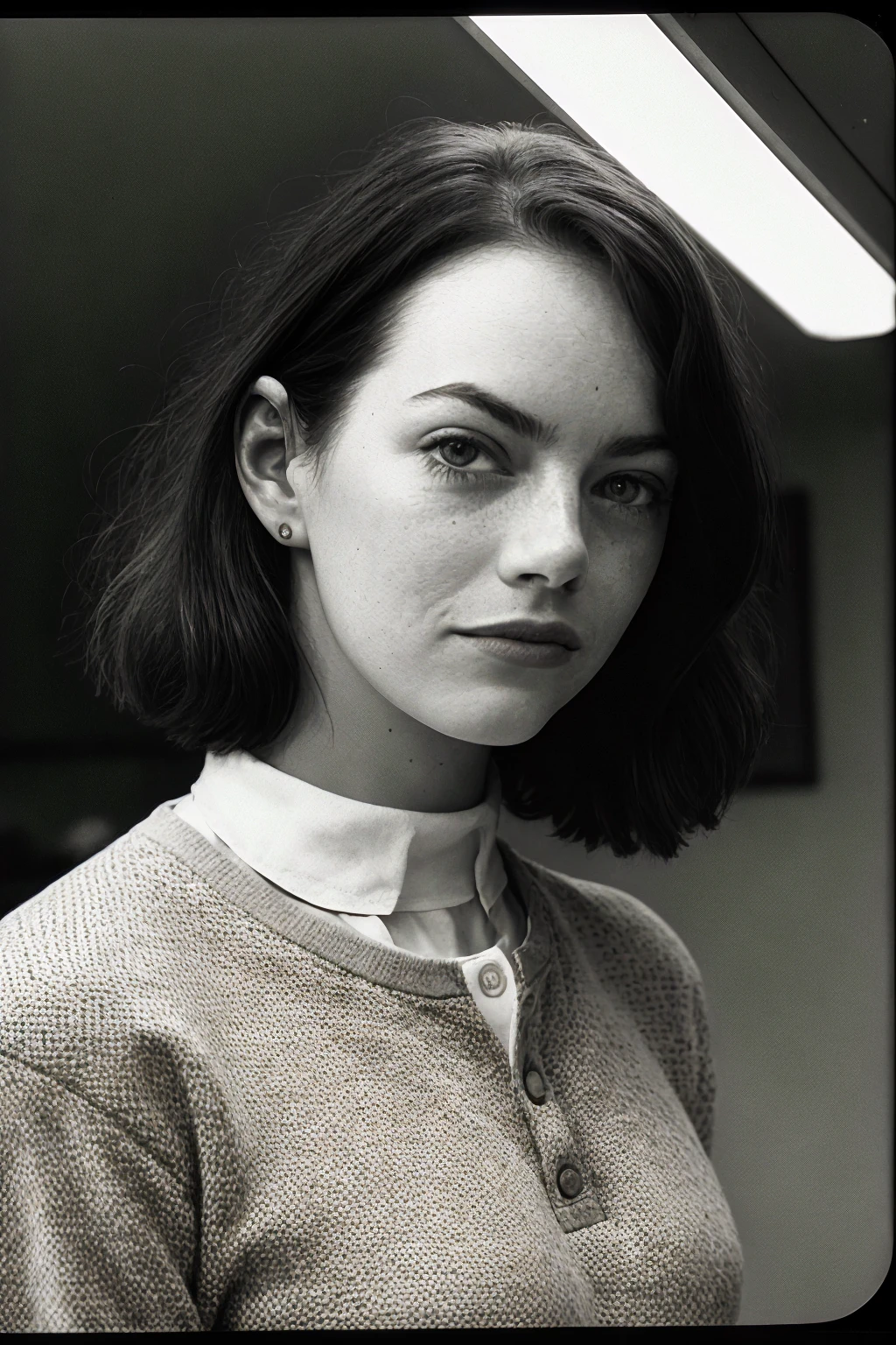 <lora:Emma_Stone-v1-01:1.4>3mm4, woman, Henley Sweater, Antique Film, Documentary Photography, over exposed, Overhead light with a diffuser for a soft and flattering look (Overhead Diffused Light).