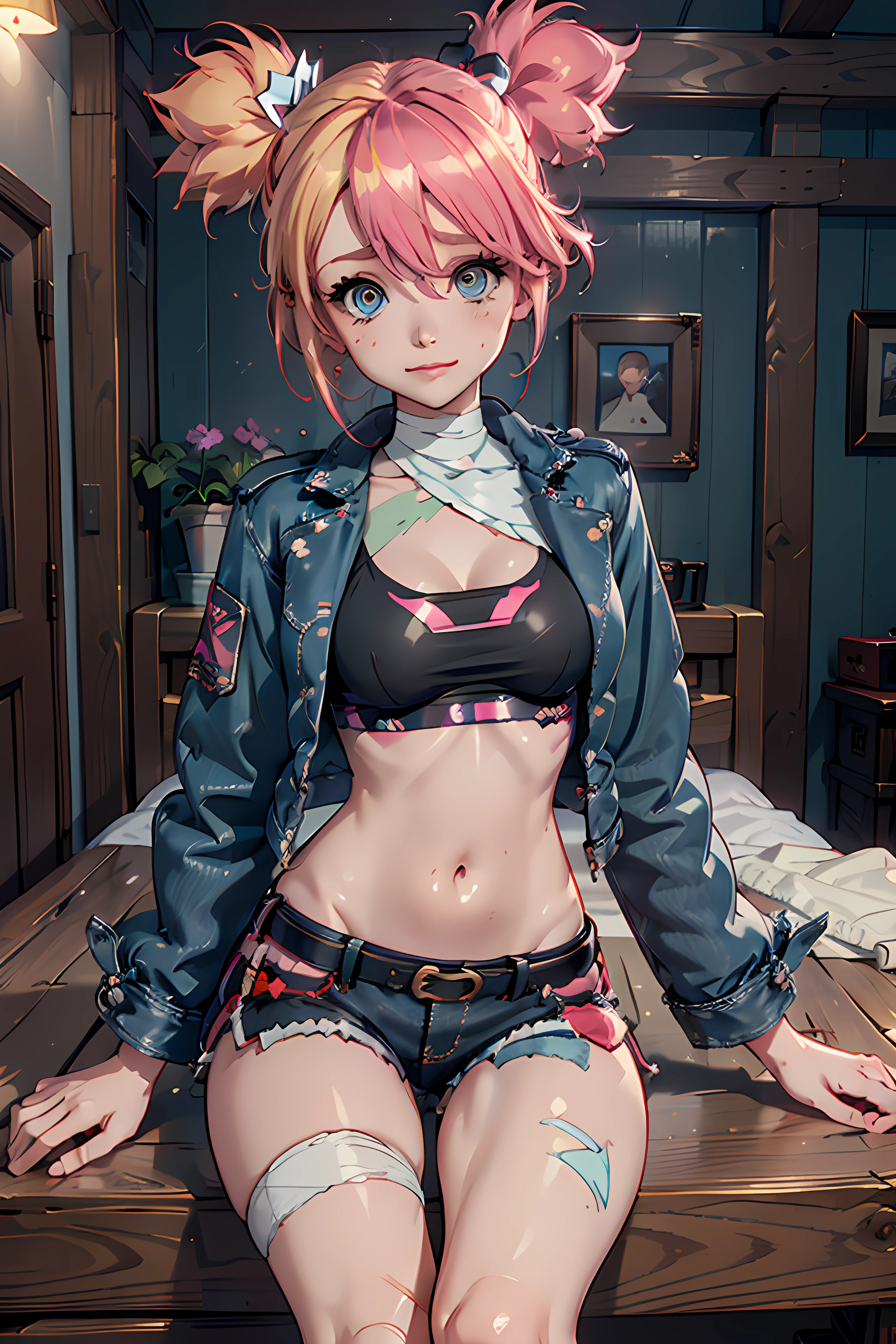 beautiful face,

merodef,  looking at viewer, smile, hair ornament, long sleeves, cleavage, hair between eyes, medium breasts,  collarbone, thighs,pink hair, blonde hair,shorts, midriff, belt, hand up, streaked hair, black jacket, short shorts,  denim, blue jacket, cropped jacket, blue shorts, denim shorts, cutoffs, stitches, bandages