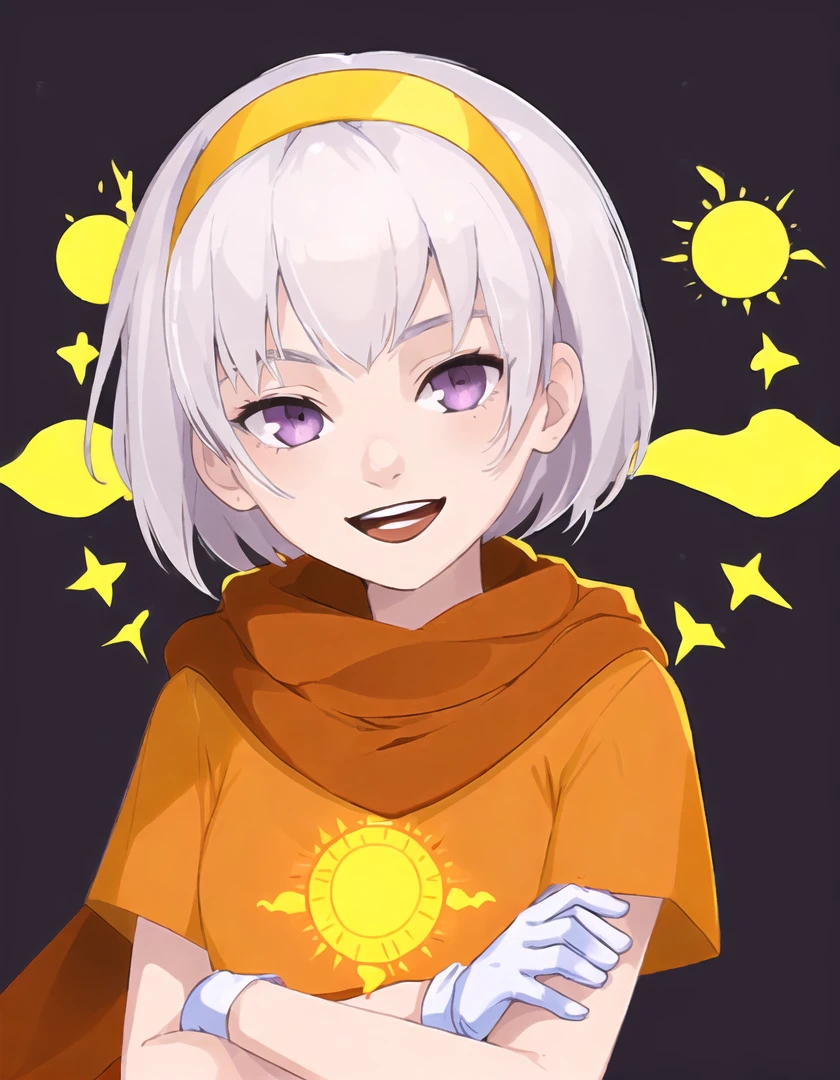 rosegdtr <lora:rosegdtr:1>, sun symbol, 1girl,solo,looking at viewer,smile,short hair,open mouth,shirt,gloves,purple eyes,white hair,hairband,scarf,transparent background,crossed arms, orange dress