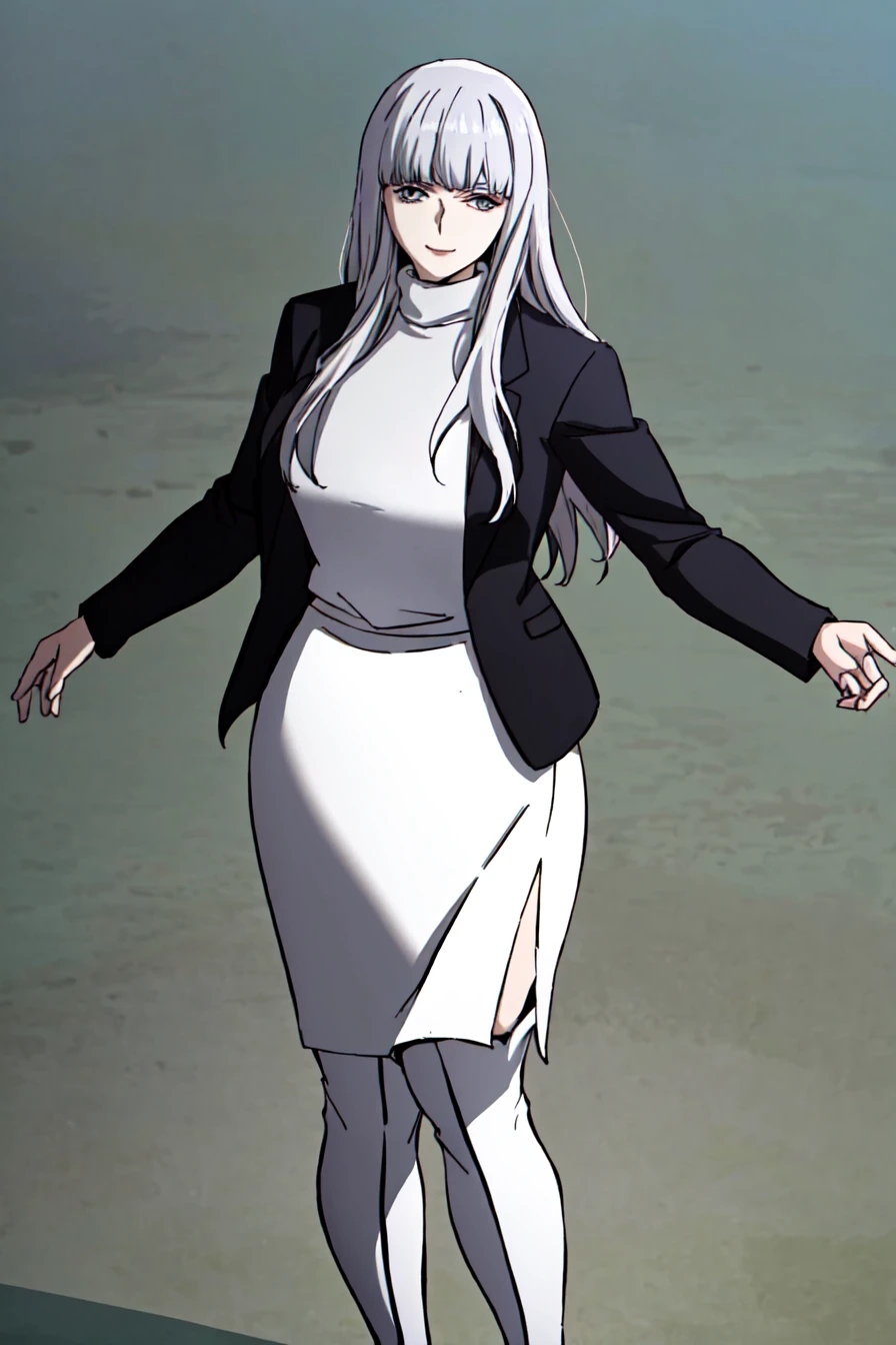 (best quality) , (highly detailed) ,masterpiece ,absurdres ,detailed face ,beautiful face ,(detailed eyes, deep eyes, anime eyes) ,1girl , solo,
Stretching both arms overhead,
003, grey eyes, grey hair, white hair, long hair, jacket, sweater, black jacket, turtleneck, very long sweater dress, long sweater, (white slit long skirt:1.2), turtleneck sweater, (white thigh boots:1.3), slight smile, <lora:003V1:0.8>